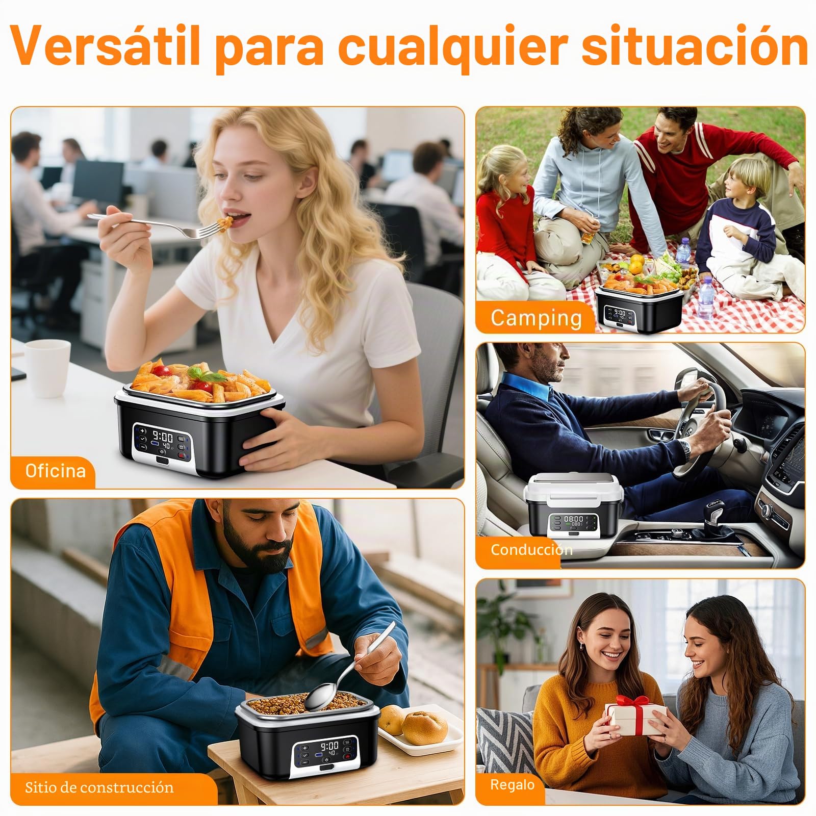 Fiambrera Eléctrica Inalámbrica, Taper Electrico para Comida con Calentamiento Programado, Para Oficina, Obra, Cámping, Coche, Lunch Box Adultos de 1,5 L| Fiambreras Comida Trabajo con batería