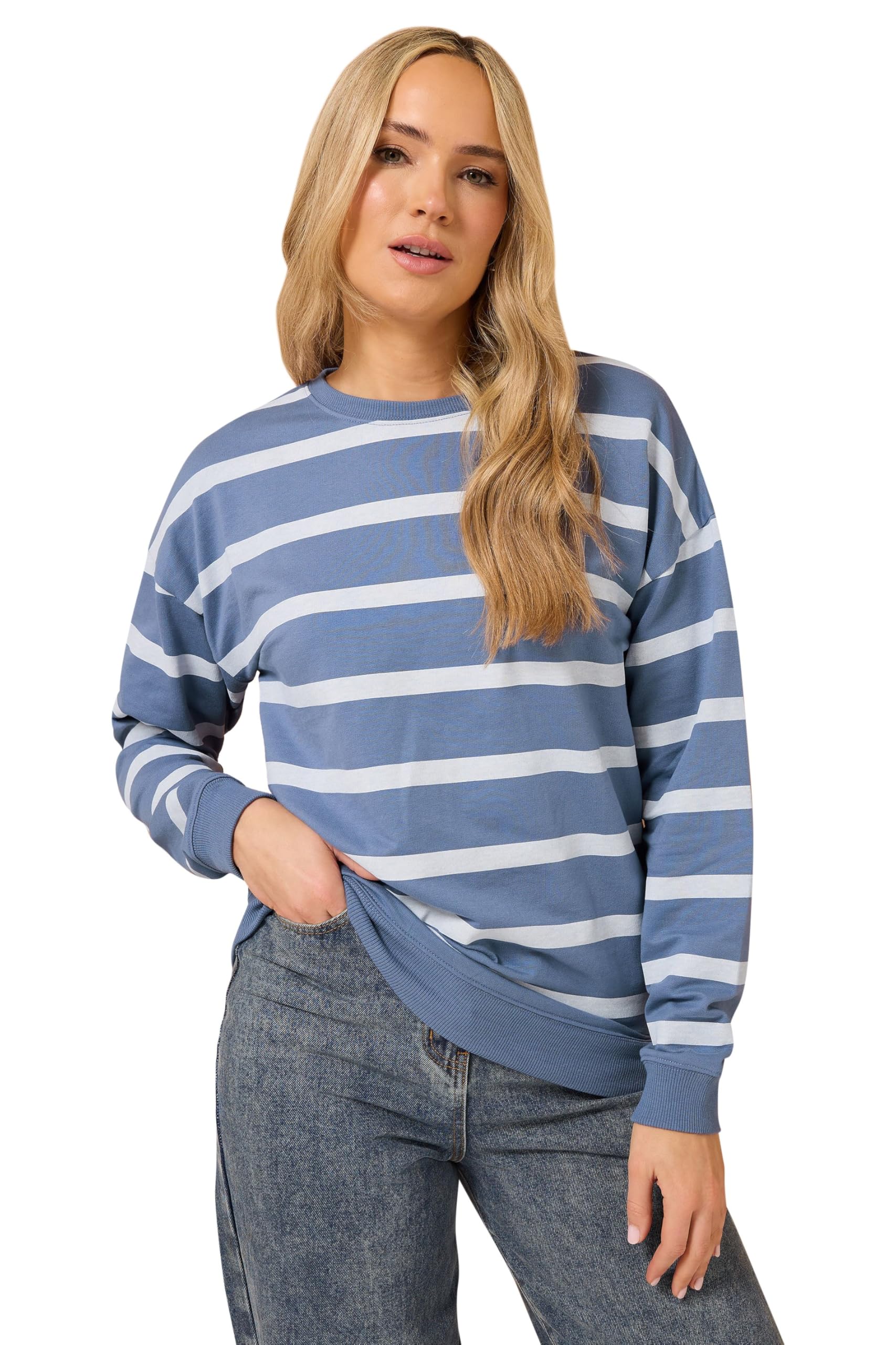 Long Tall Sally Women's Blue Tall Striped Crew Neck Sweatshirt Size 14