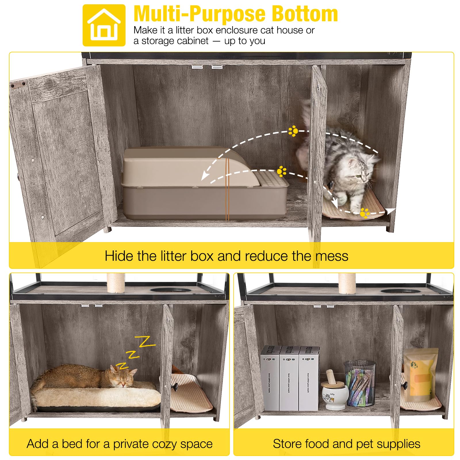 Aivituvin Cat Litter Box Enclosure, Litter Box Furniture Hidden, Wooden Cat Washroom Furniture, Indoor Cats House with Condo, Hammock, Scratching Mat and Storage Shelves-Greige - image 5