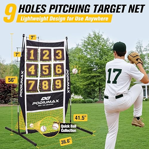 Miniatura 2 de PodiuMax Red de lanzamiento de béisbol y softbol, red de objetivo de 9 agujeros con zona de strike, sistema de recolección de pelotas grandes,