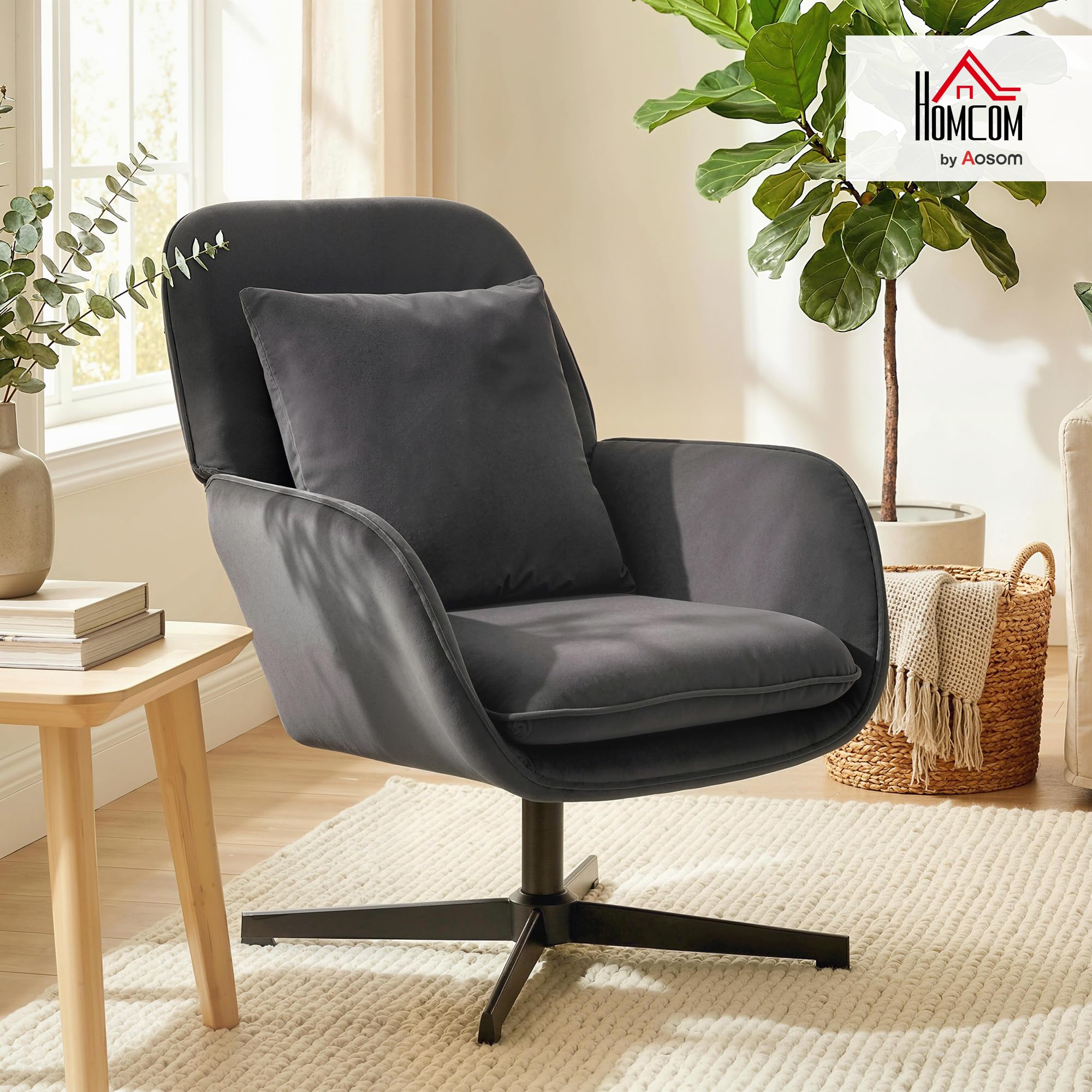 HOMCOM Sillón Giratorio de Terciopelo Asiento Ancho Gris Oscuro | Silla de acento, cojín, marco de metal, para sala de estar, dormitorio, rincón de lectura