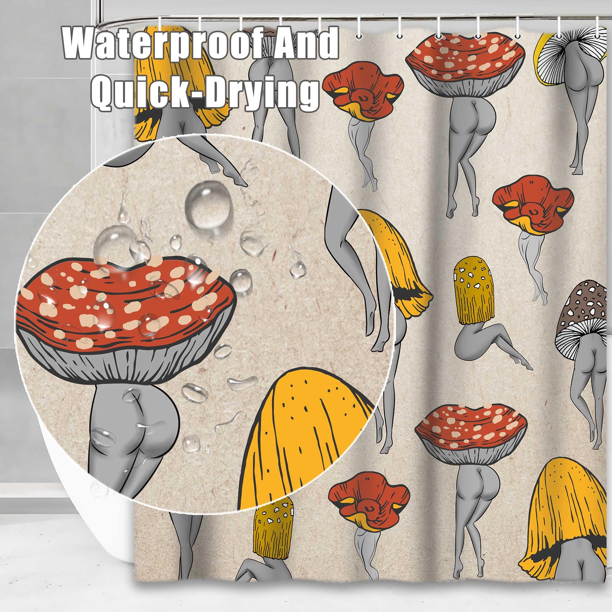 Lacoiime Lustiger Pilz-Duschvorhang – 70er-Jahre Hippie-Design, Wasserdicht (178 X 178 Cm, Inkl. 12 Haken)