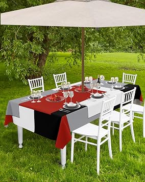 Abstract Red Black Grey Outdoor Tablecloth with Umbrella Hole, Geometric Color Block Waterproof Zippered Table for Rectangle Tables Modern Fabric Tabletop Collection for Patio, Garden, 54 x 80 Inch
