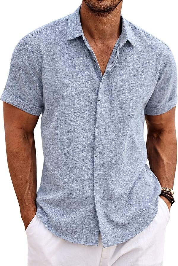 COOFANDY Leinenhemd Herren Kurzarm Hemd Button Down Regular Fit Freizeithemden Sommer Strand Leinen Shirt