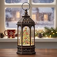 Vista 6 de Globo de nieve musical de árbol de Navidad iluminado con cardenal y linterna de agua con purpurina giratoria, decoración para hogar navideño y sala