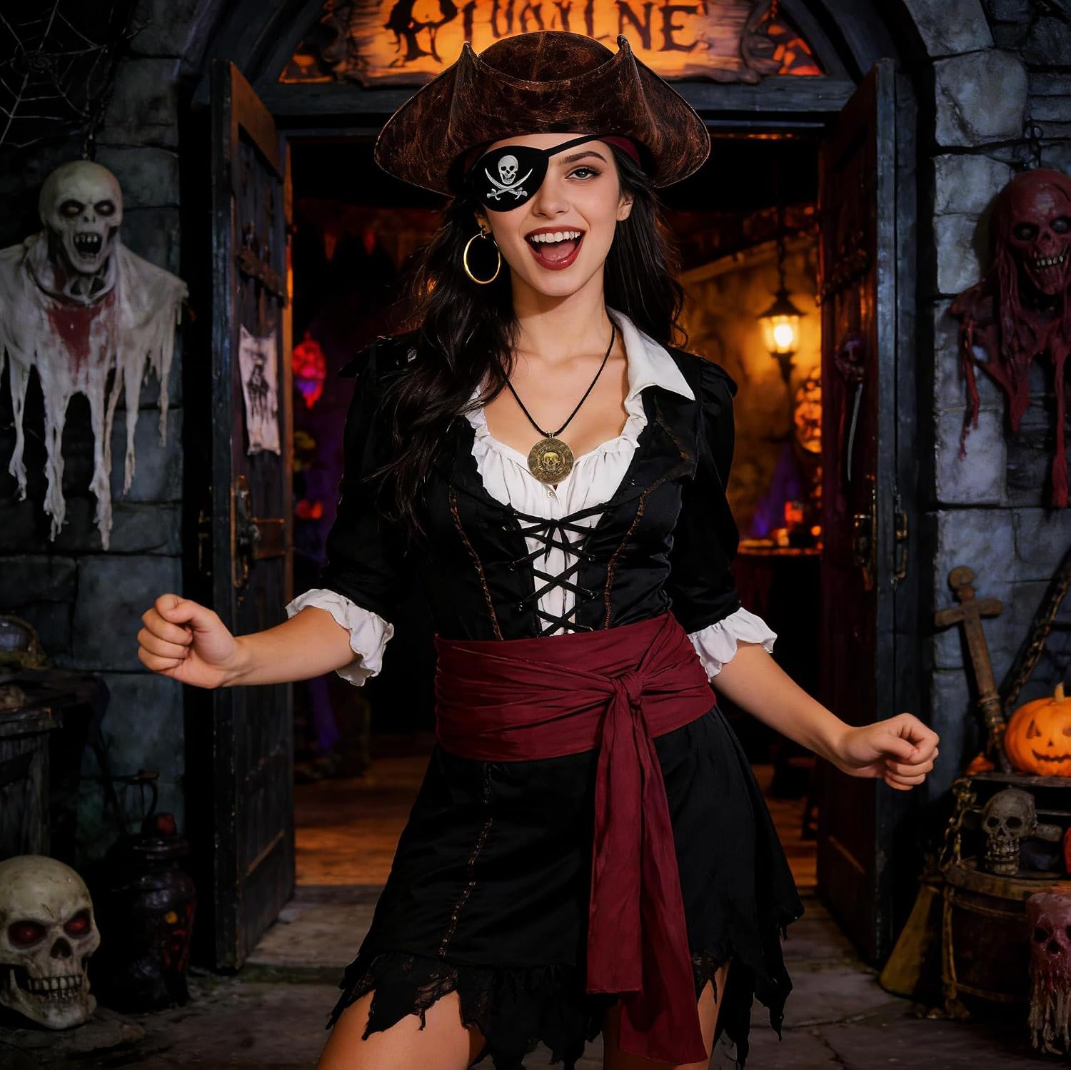 Brown Pirate Tricorn Hat & 6Pcs Pirate Accessories Set for Adults