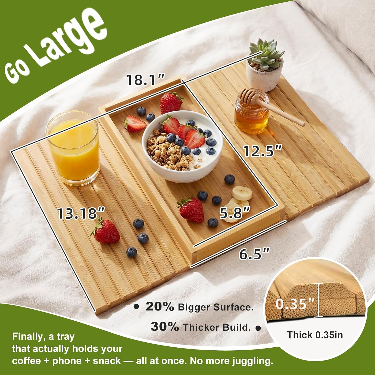 Sofa Arm Tray, Foldable Bamboo Couch Armrest Table with Large 12.5" x 5.8" Storage Compartment, Portable Chair Couch Caddy Arm Tray for Cup TV Snacks Phone Remote Anti-Slip Bottom