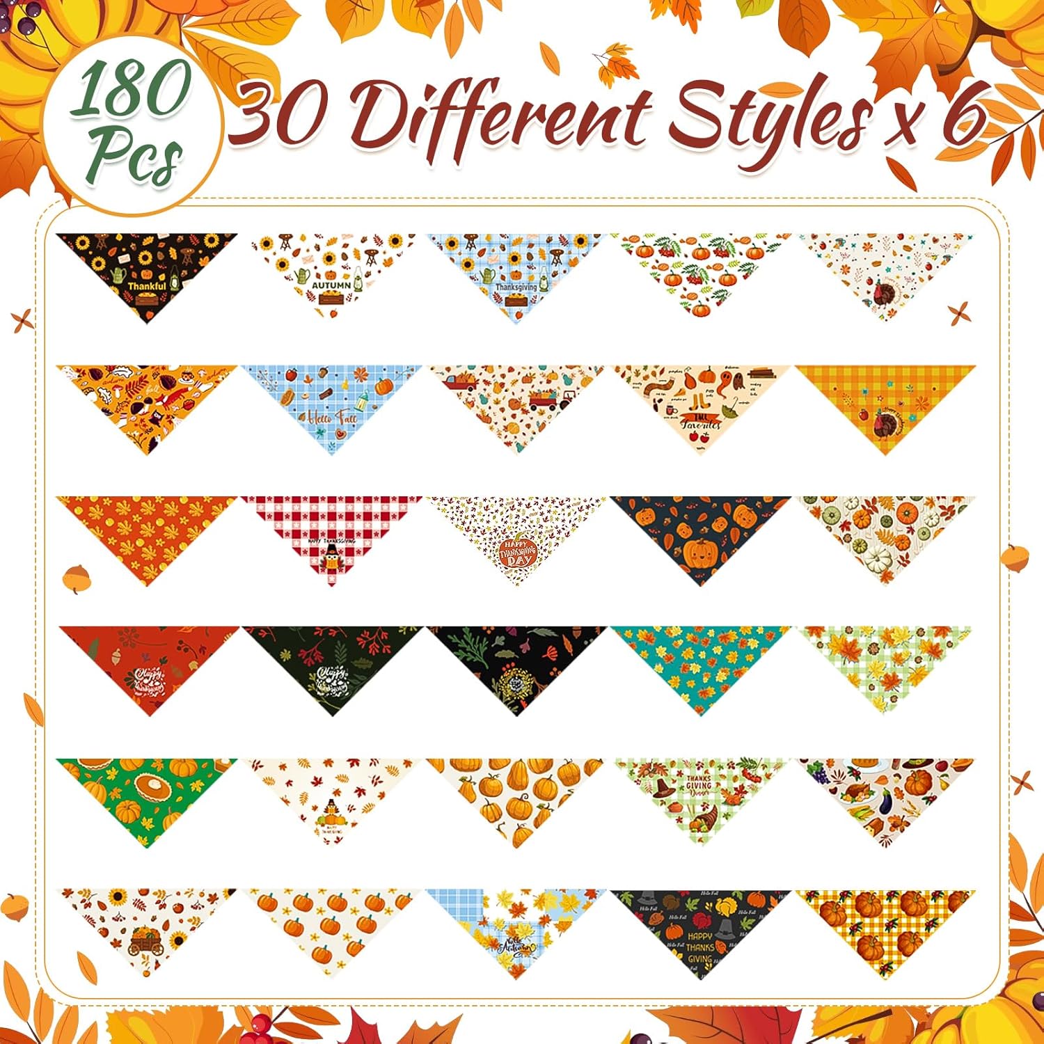 Sanwuta Fall Dog Bandanas Bulk Thanksgiving Scarfs Washable Adjustable Pumpkin Maple Leaves Pet Bibs Triangle Holiday Costume Accessories for Small Medium Large Pets Grooming Supplies(180 Pcs)