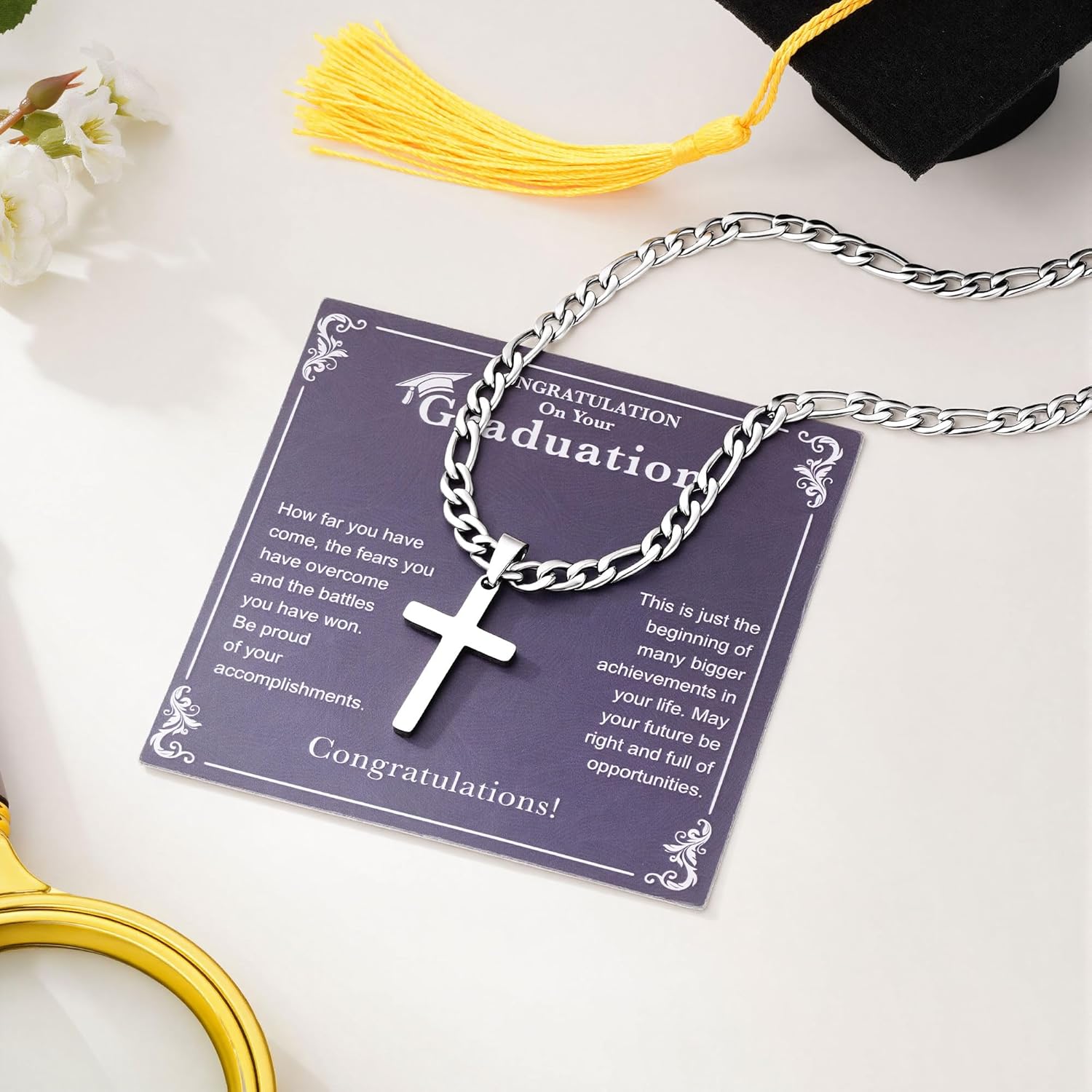 IEFLIFE Cross Necklaces Gifts for Son Men - Silver Figaro Chain Stainless Steel Cross Necklace Jewelry, Christian Baptism Gifts for Boys Men, Birthday Gift for Dad Husband Brother Son Grandson