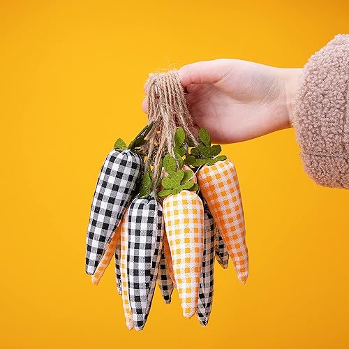 Miniatura 5 de SHANGXING 16 adornos colgantes de zanahoria de Pascua, patrón de estampado a cuadros, mini zanahoria artificial, adornos colgantes para fiesta de