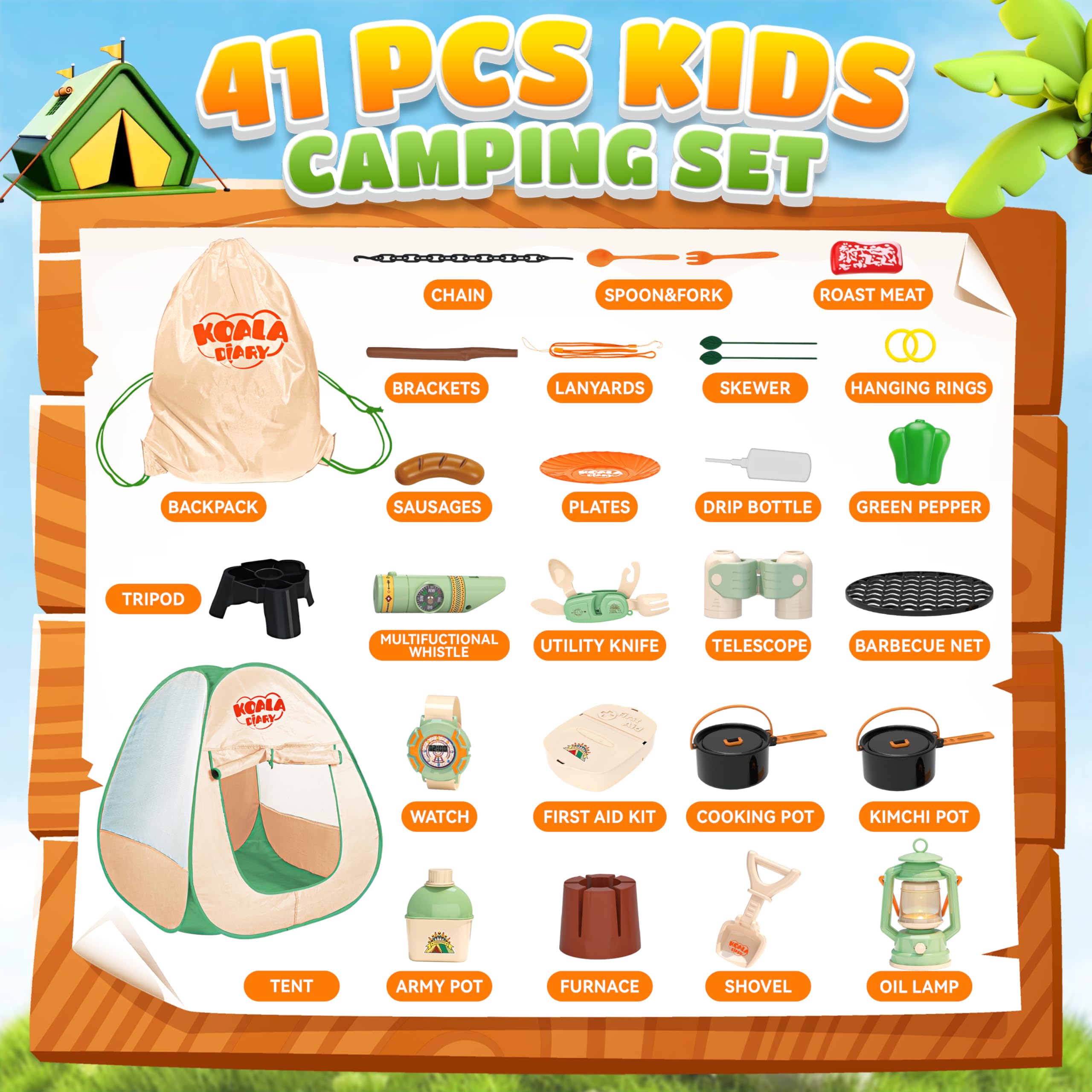 Kids Camping Set, SMILESSKIDDO 41 PCS Pretend Camping Set for Kids 3-5 with Pop Up Tent - Indoor and Outdoor Play Camping Toys for Toddlers - Image 2