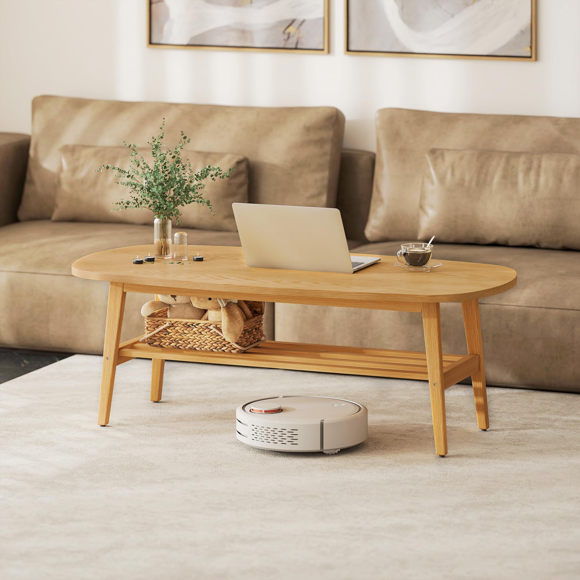 HOMCOM Mesa de Centro de 2 Niveles para Dormitorio 120x60x42cm Natural | Mesa Baja para Salón Moderno, Estante Abierto Inferior, Patas de Madera de Caucho, para Sala de Estar