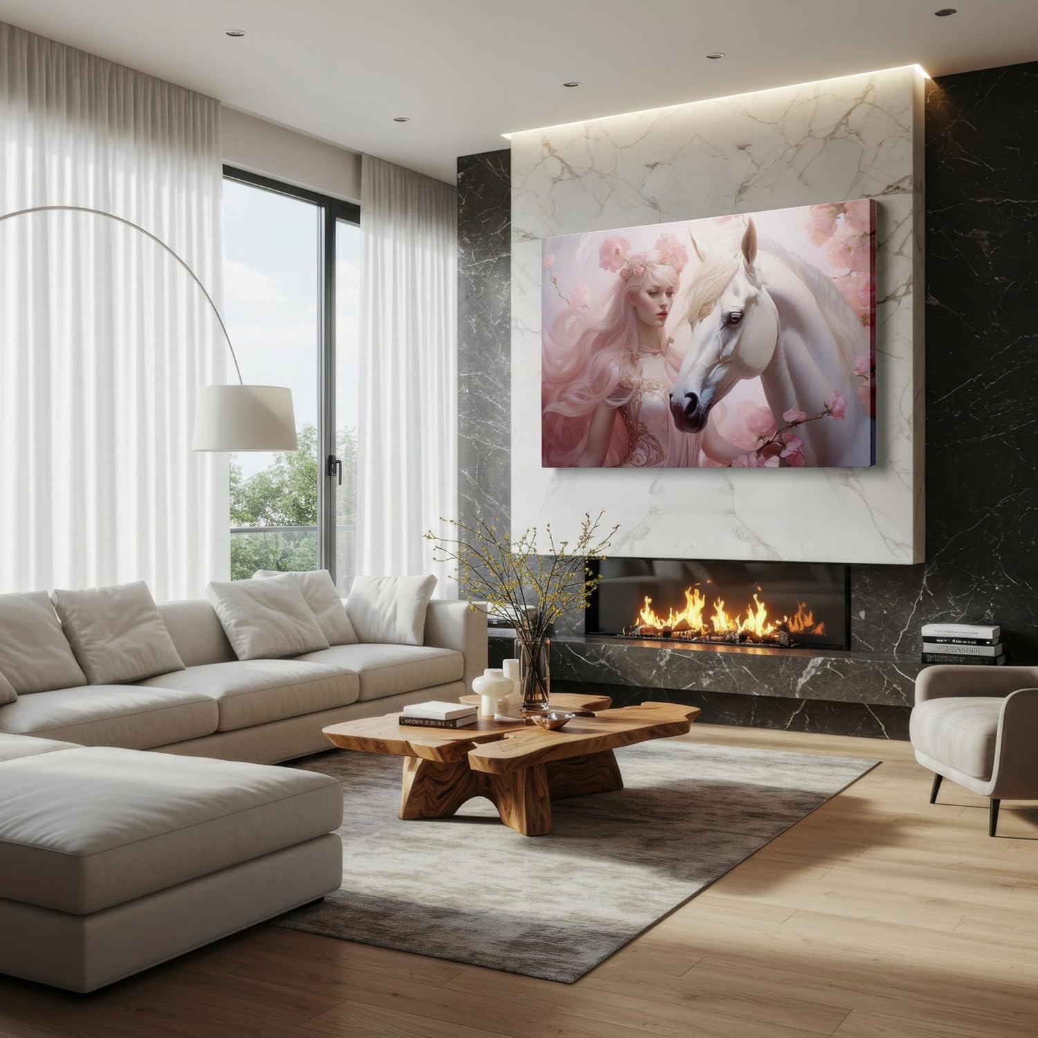 Canvas for Living room. Enchanted Elegance in Bloom � A Dreamy Portrait of a Pink-Haired Maiden and Her Majestic White Steed, 27 x 18 inch Canvas Wall Art - Inspirational Office Decor