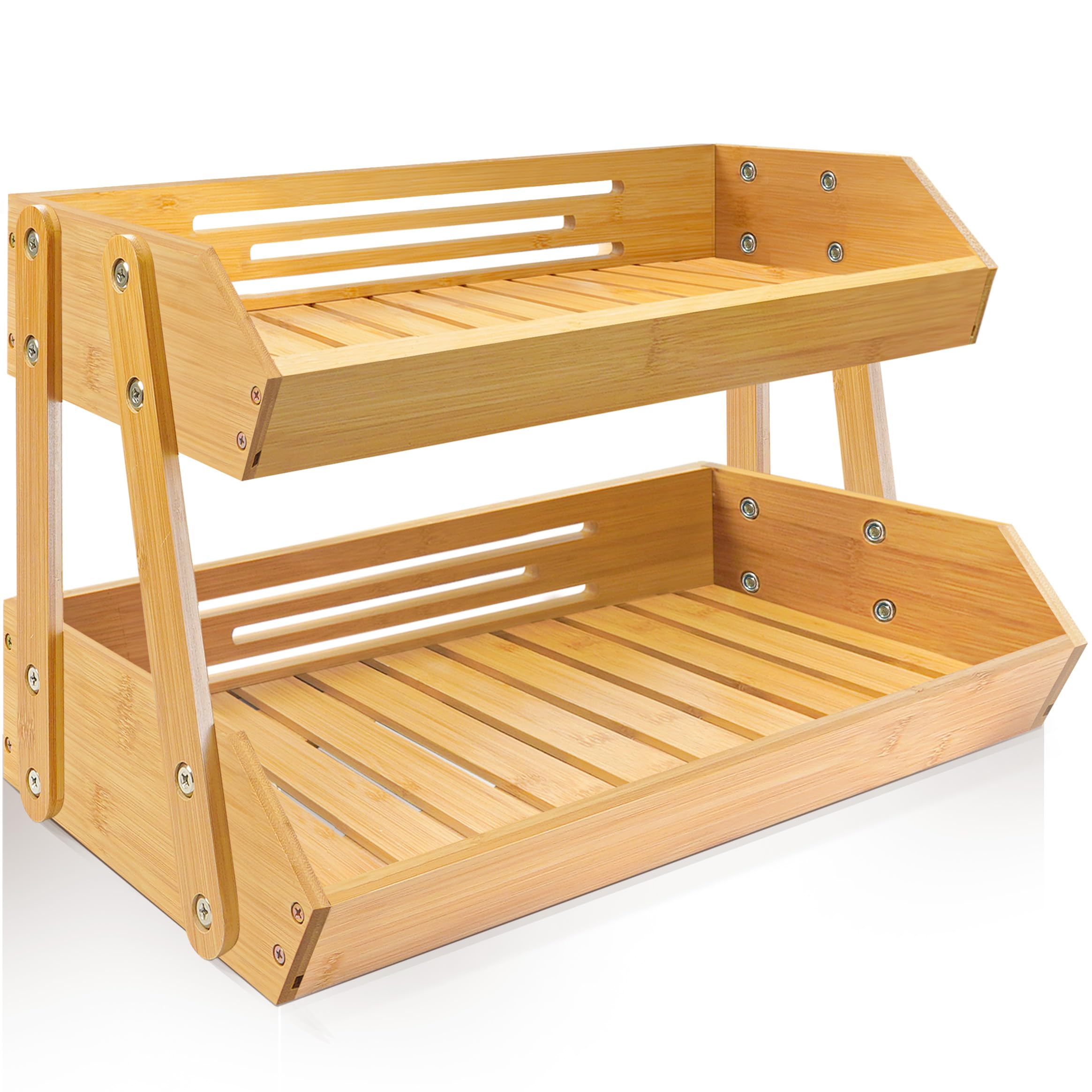 Photo 1 of [Upgraded Length] 16.5-Inch Fruit Stand Storage Holder with 4 Sturdier Legs, 2-Tier Fruit Basket , Bamboo Fruit Bowl Holder for Fruit,Vegetables,Bread, Snacks, Home Kitchen Countertop Organizer