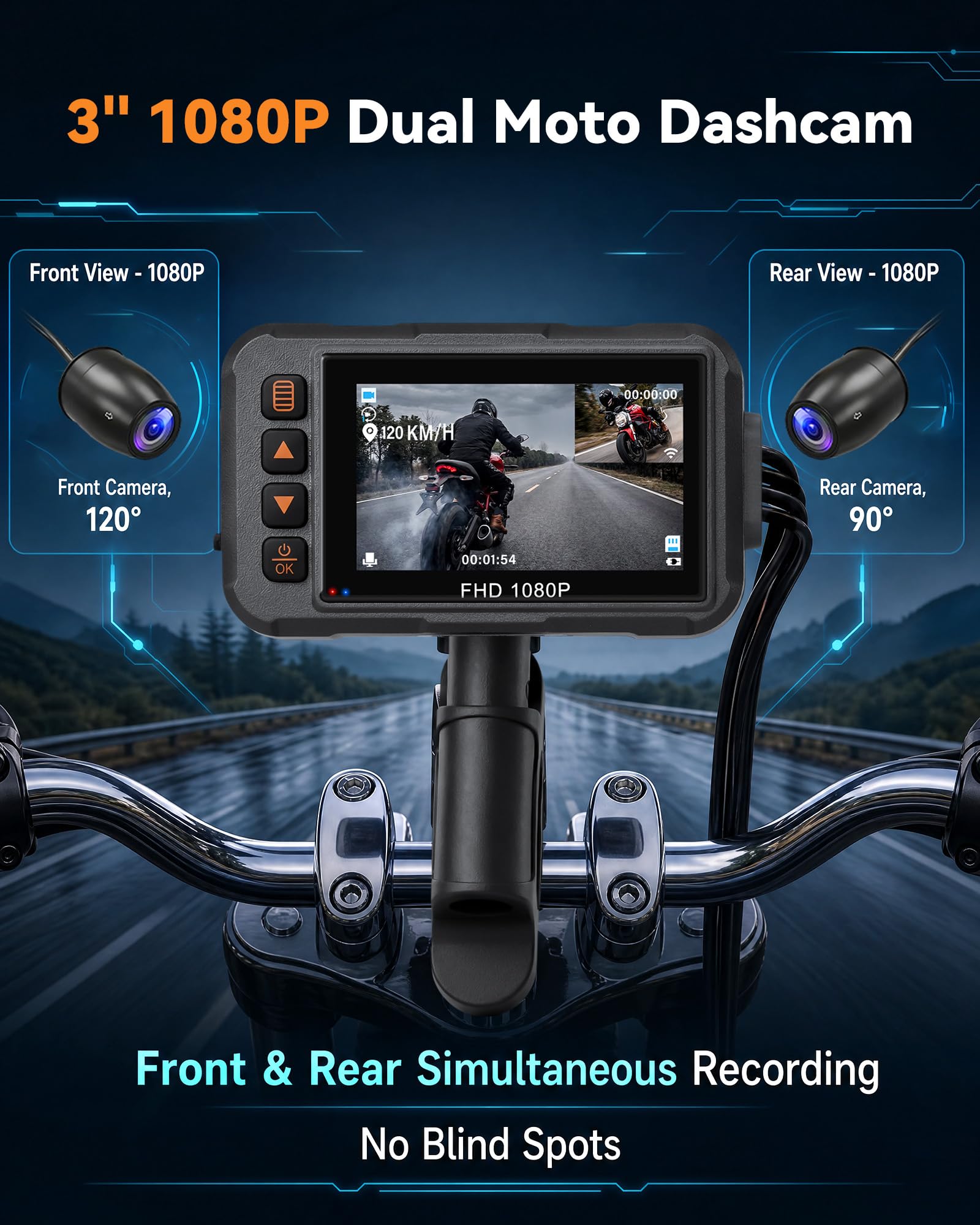 SIXWIN Dashcam Moto Avant et Arrière, Caméra Moto 3 Pouces HD, Étanche IP67, avec GPS, HDR, Capteur G, Enregistrement en Boucle, Grand Angle, pour Motocyclette, Sports Motorisés, UTV, ATV