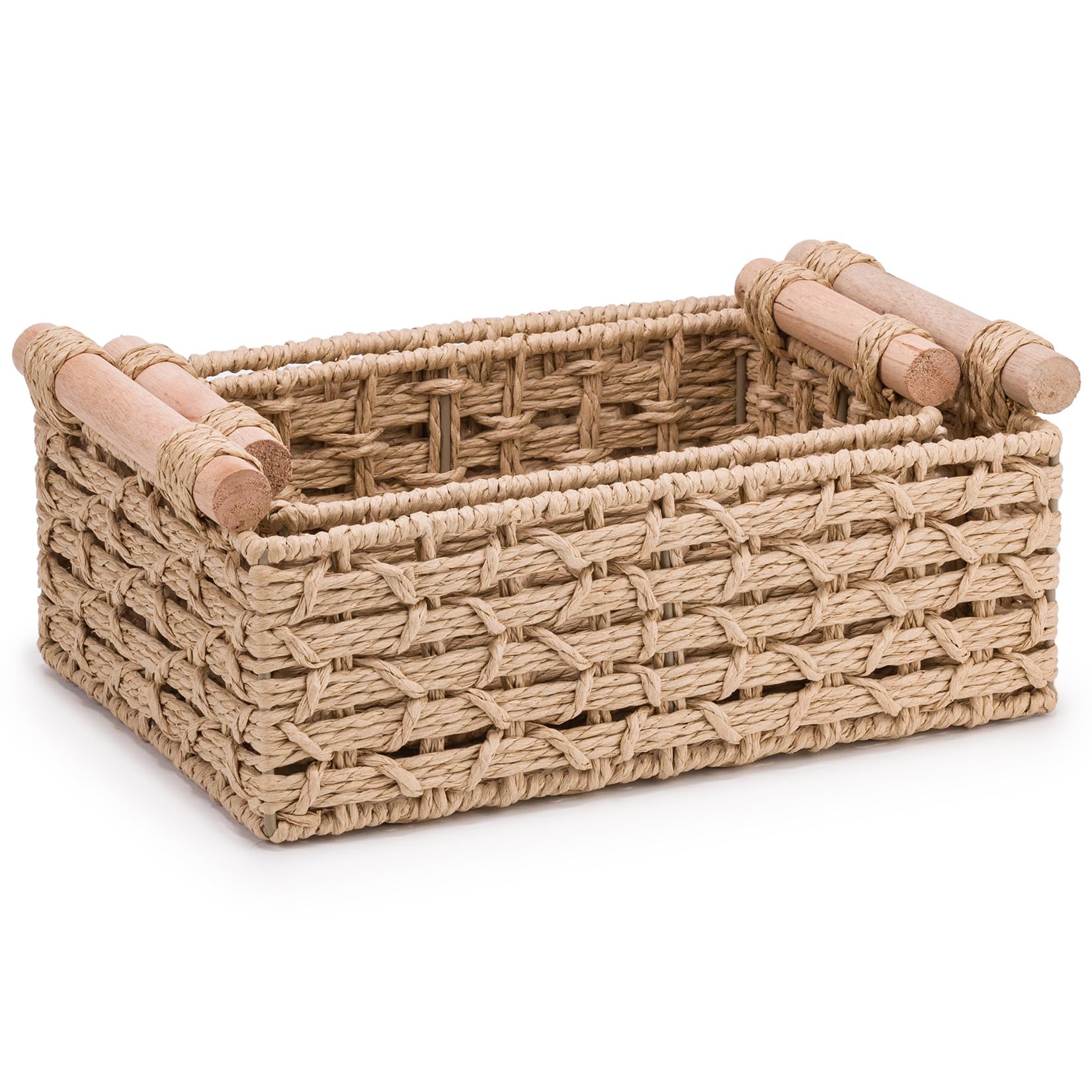 Woodluv Storage Basket for Shelves Set of 2, Hand-Woven Wicker Storage Hamper Basket Organiser with Handle, Khakhi