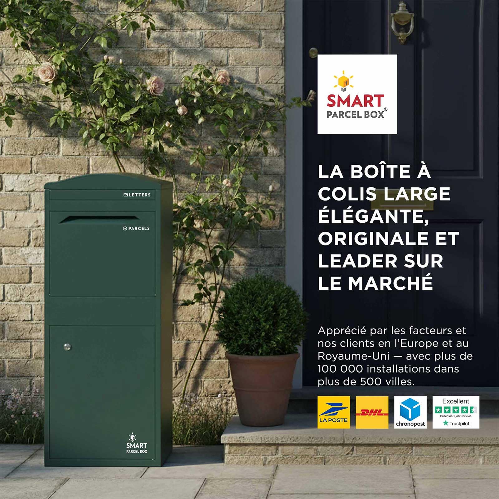 SMART PARCEL BOX Boite aux Lettres sur Pied, Boite à Colis extérieur, Acier galvanisé, Large, Serrure 3 clés, Vert foncé, 41.5 x 38.5 x 104 cm
