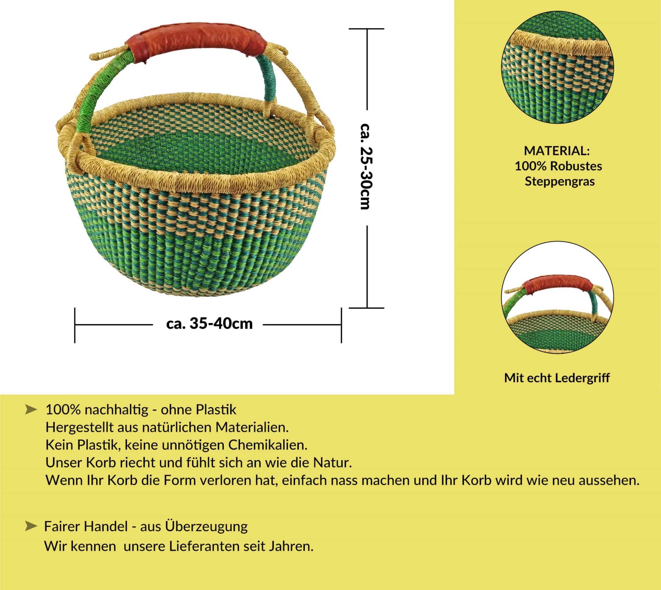 Grand panier rond Bolga original du Ghana en Afrique avec poignée en cuir issu du commerce équitable - Environ 35-40 cm