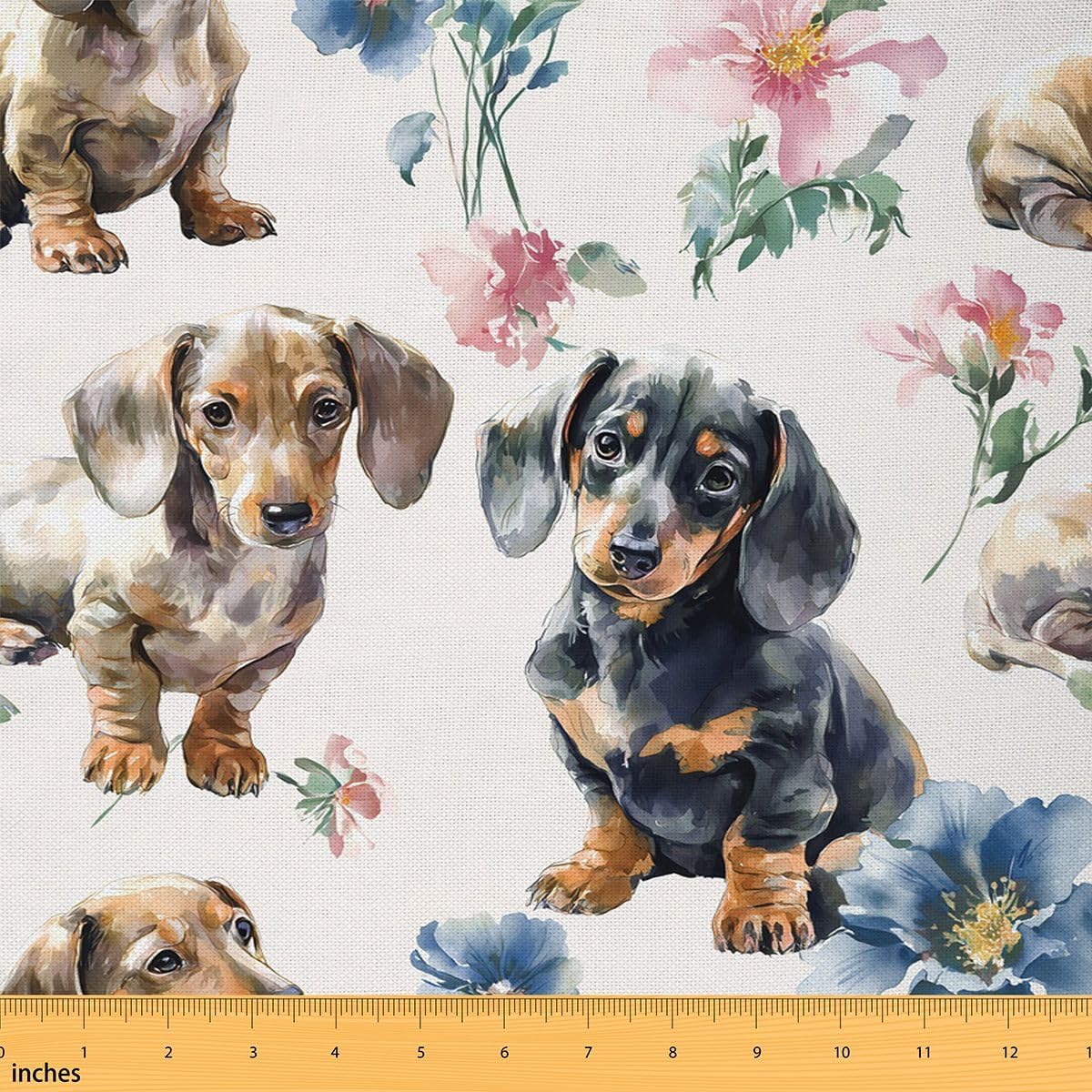 Kawaii Dachshund Fabric by The Yard,Watercolor Flower Dog Upholstery Fabric,Cute Pet Puppy Decorative Furnishing Fabrics,Black Beige Crafts & Sewing Supplies DIY Fabrics,10 Yards,360" L x 59" W
