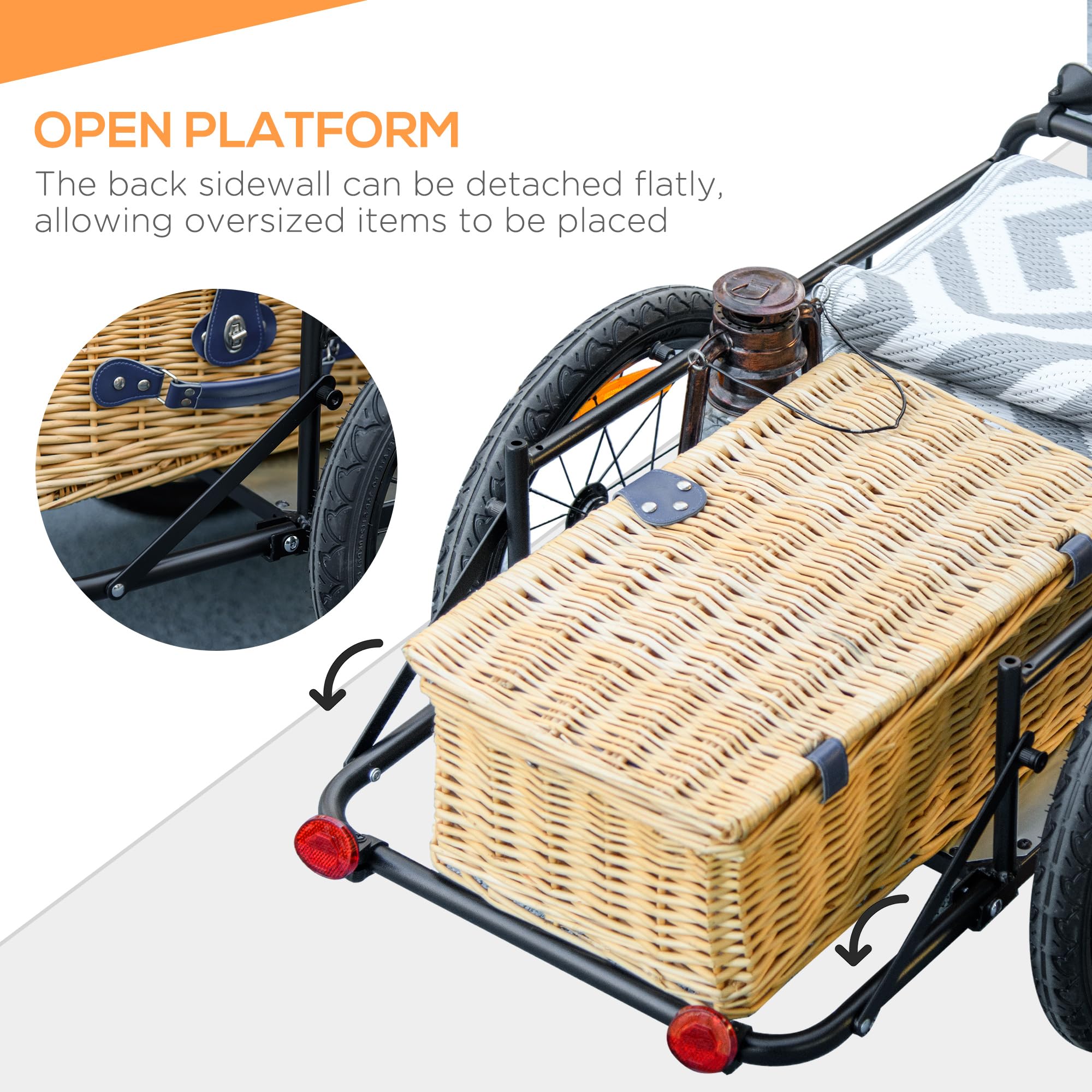 HOMCOM Rimorchio per bicicletta con cassetto portaoggetti estraibile pieghevole da 65 l, pneumatici e riflettori di sicurezza, carico massimo 40 kg, grigio
