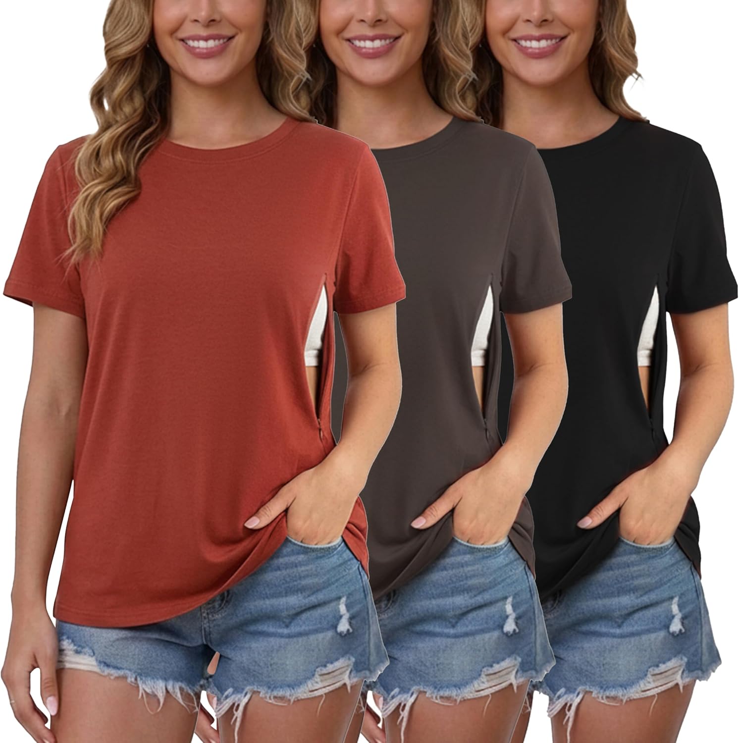 Ecavus Women's 3-Pack Nursing Shirts for Breastfeeding with Hidden Zippers Loose Fit Maternity Tops