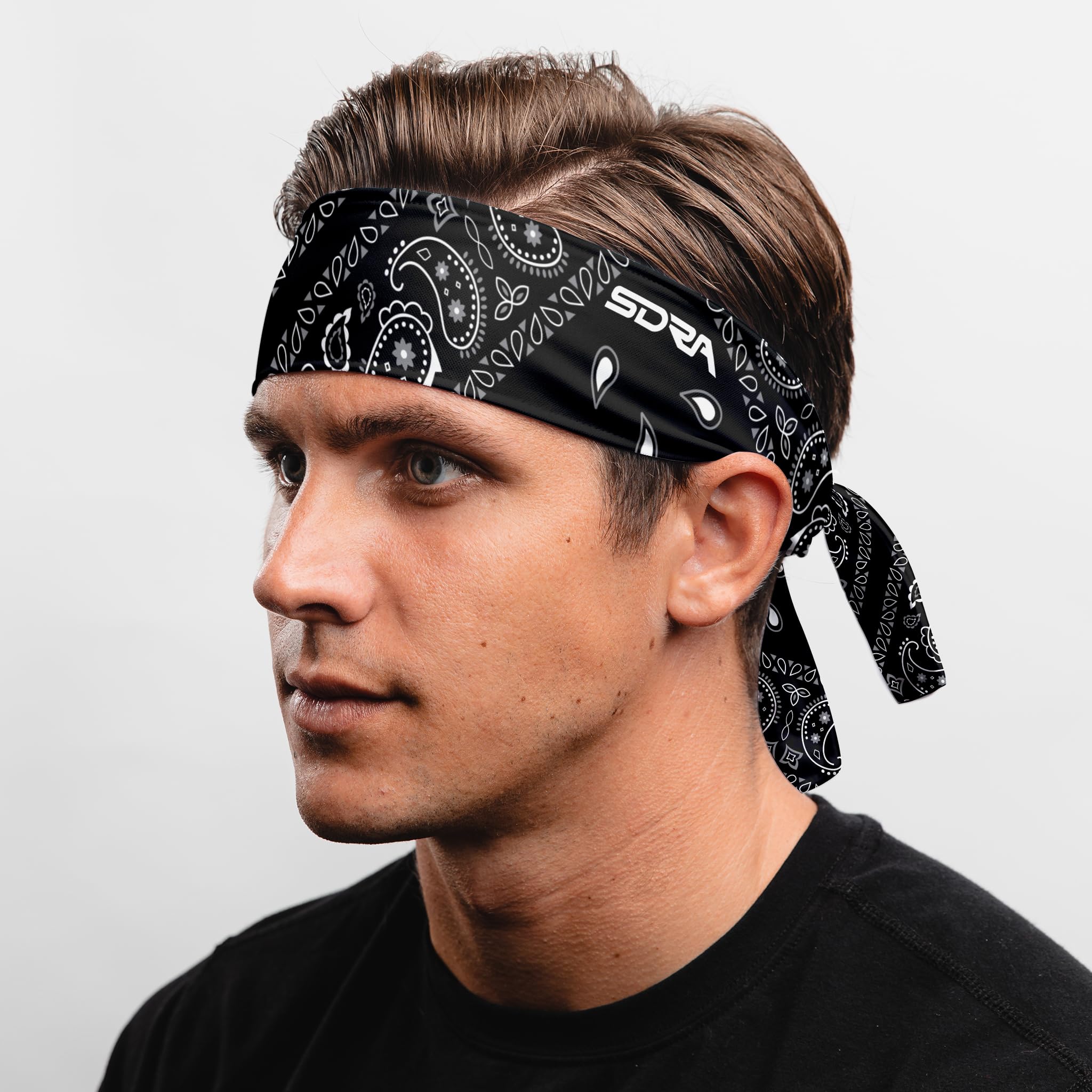Suddora Paisley Print Bandana Headband, Multi-Sport Boho Style Bandana for Indoor Outdoor Use, Breathable & Non-Slip Fabric, Unisex Head Accessory for Bikers, Halloween (Black Tie)