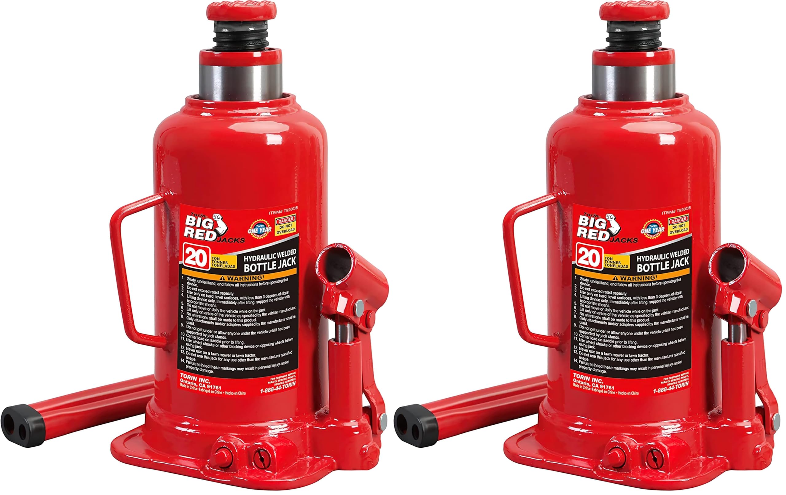 BIG RED T92003B Torin Hydraulic Welded Bottle Jack, 20 Ton (40,000 lb) Capacity, Red (Pack of 2)