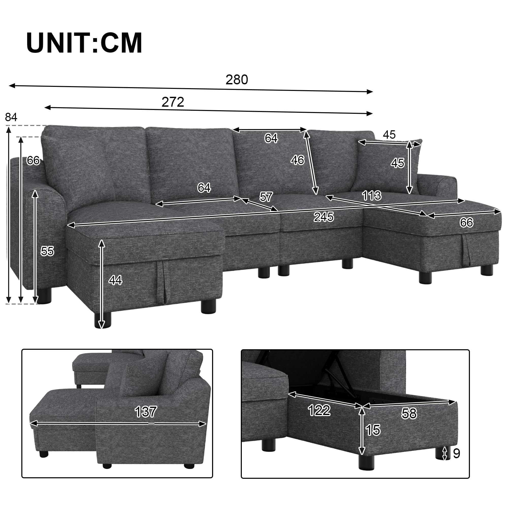 Großes Ecksofa U-Form, Chenille Wohnlandschaft mit Stauraum, Modulares Sofa mit 2 Chaiselongues und Kissen, Couchgarnitur für Wohnzimmer, Familien Sofa Grau (Grey, 4-Sitzer)