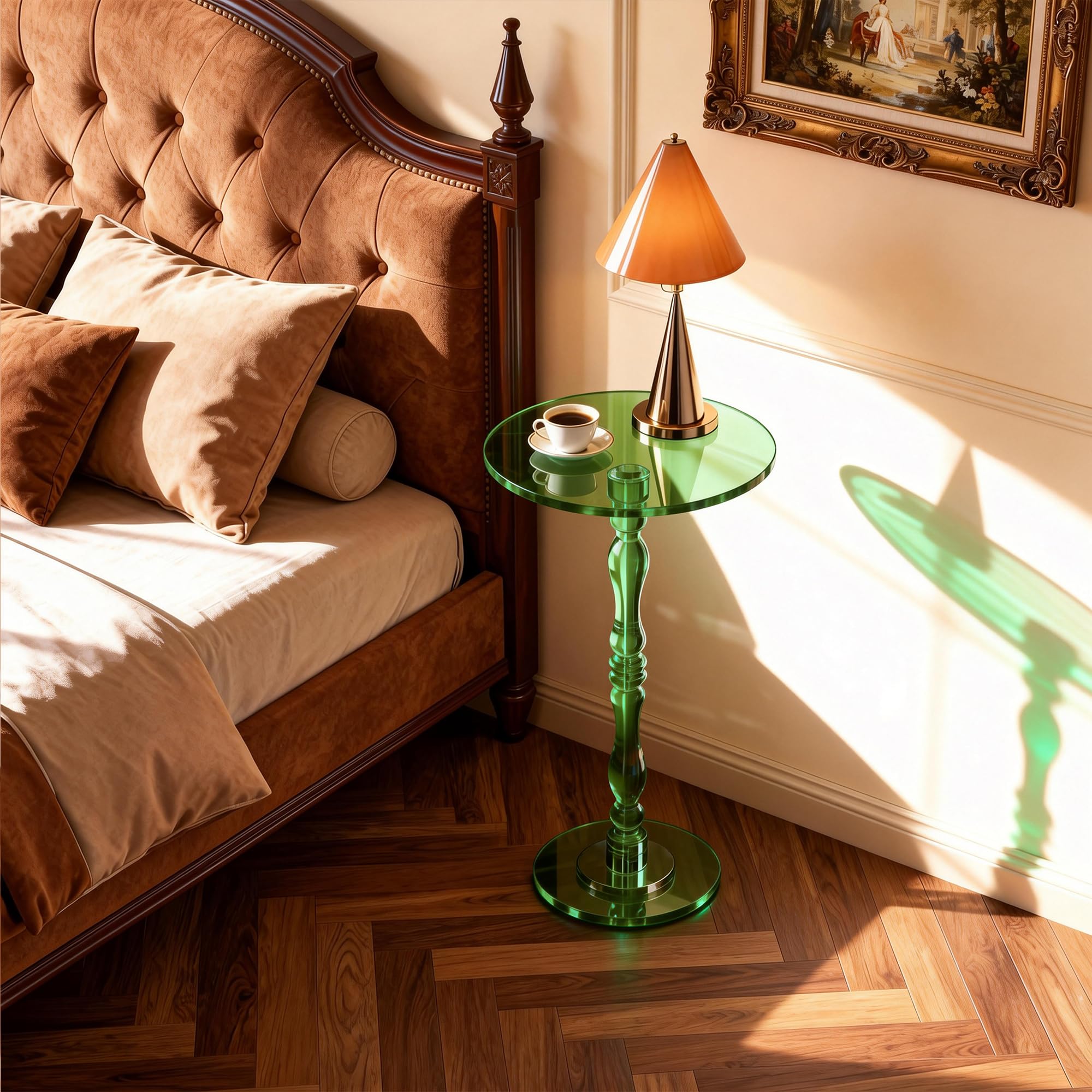 Tavolino da Salotto Rotondo in Acrilico, Piccolo Trasparente con Base Decorativa, 30 x 30 x 58 cm (Verde)