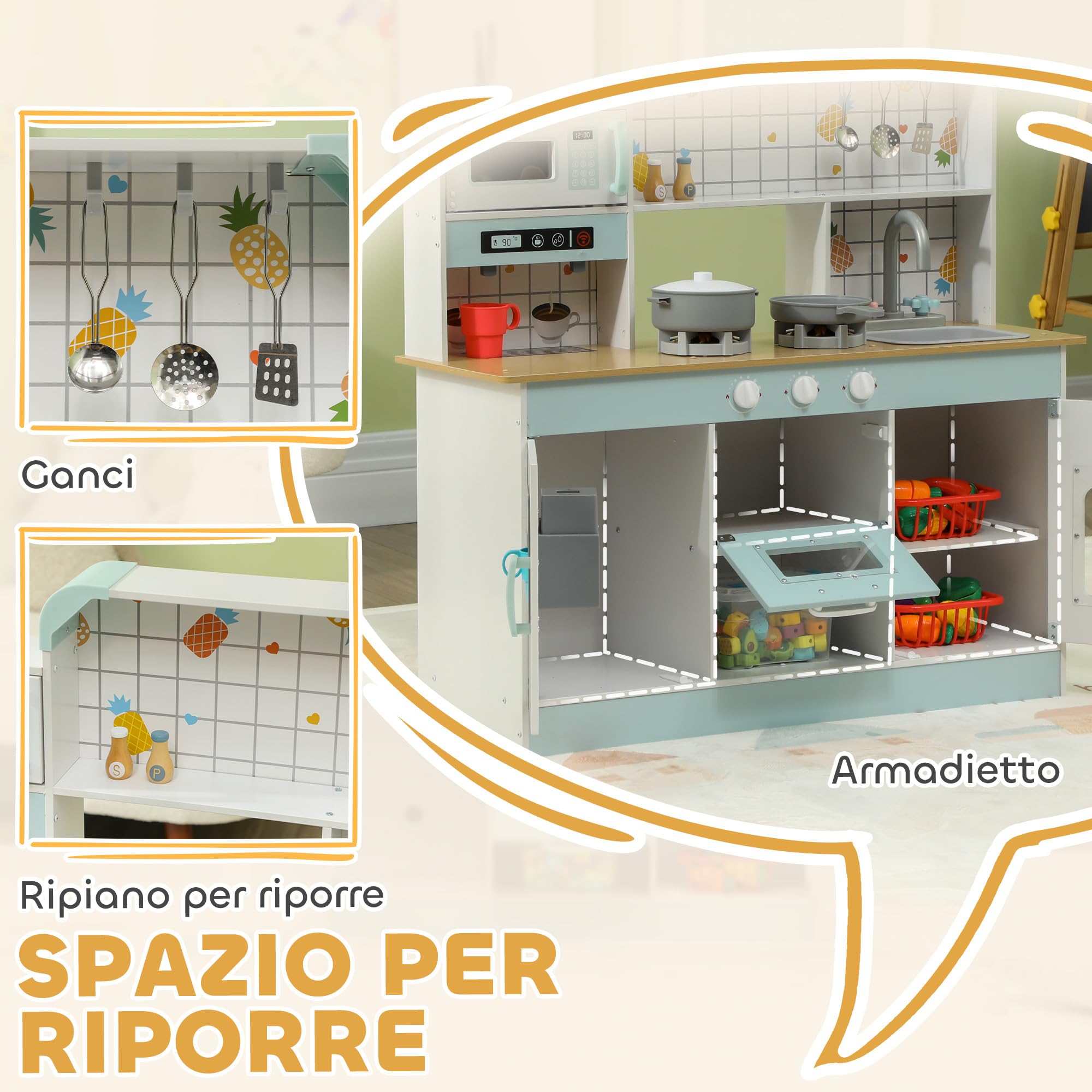 AIYAPLAY Cucina Giocattolo per Bambini da 3 Anni in Legno, Fornello con Luci e Suoni, Microonde, Macchina del Caffè, Macchina del Ghiaccio e Armadietti, Bianco
