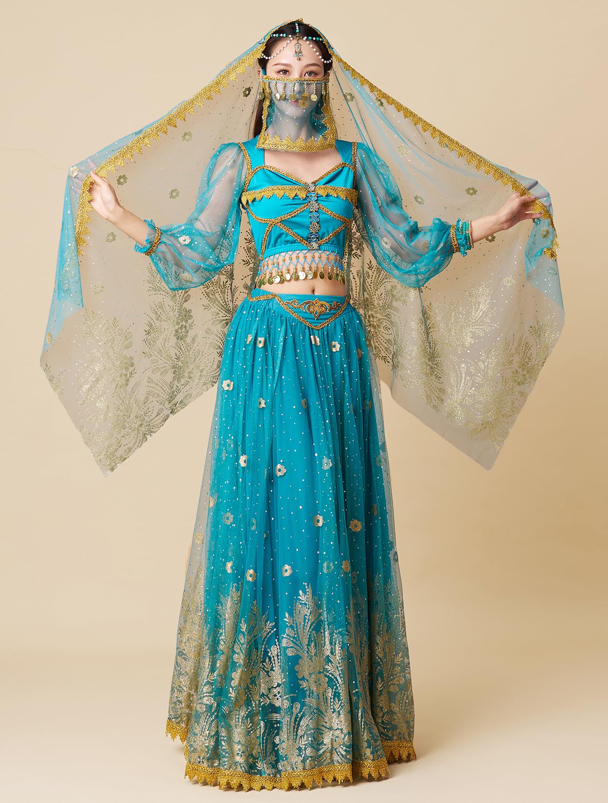 Bauchtanz-Kostüme für Damen, Aladin, Jasmin, Prinzessin, Verkleidung, Party, Halloween, Performance, Kostüme, Cosplay-Outfits