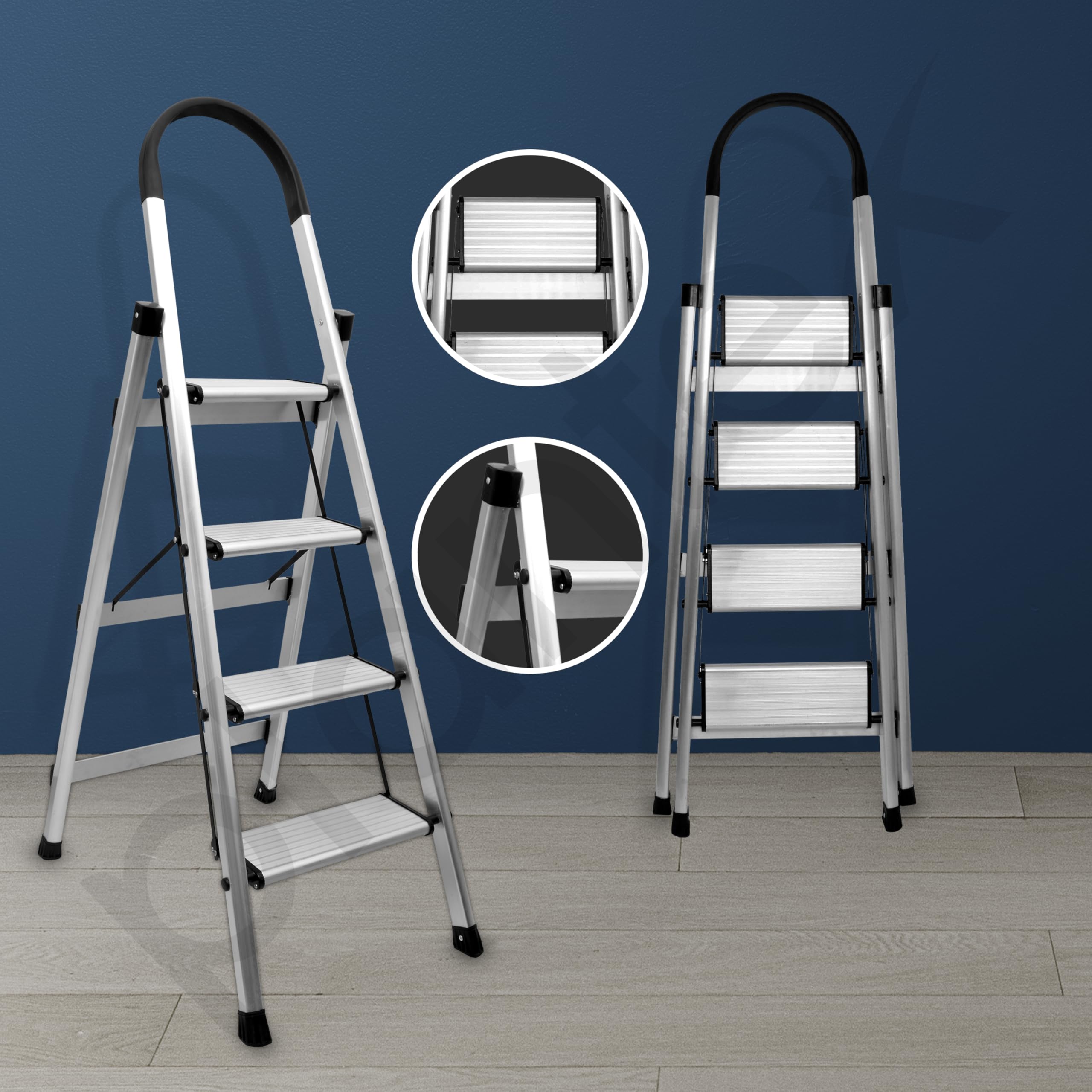 Plantex Surestep 3 Step Aluminum Ladder for Home Use/Wide Anti-Slip Steps/Foldable Ladder with Anti Skid PVC Shoes, 3 Steps Kitchen Stool (Anodize-Silver)