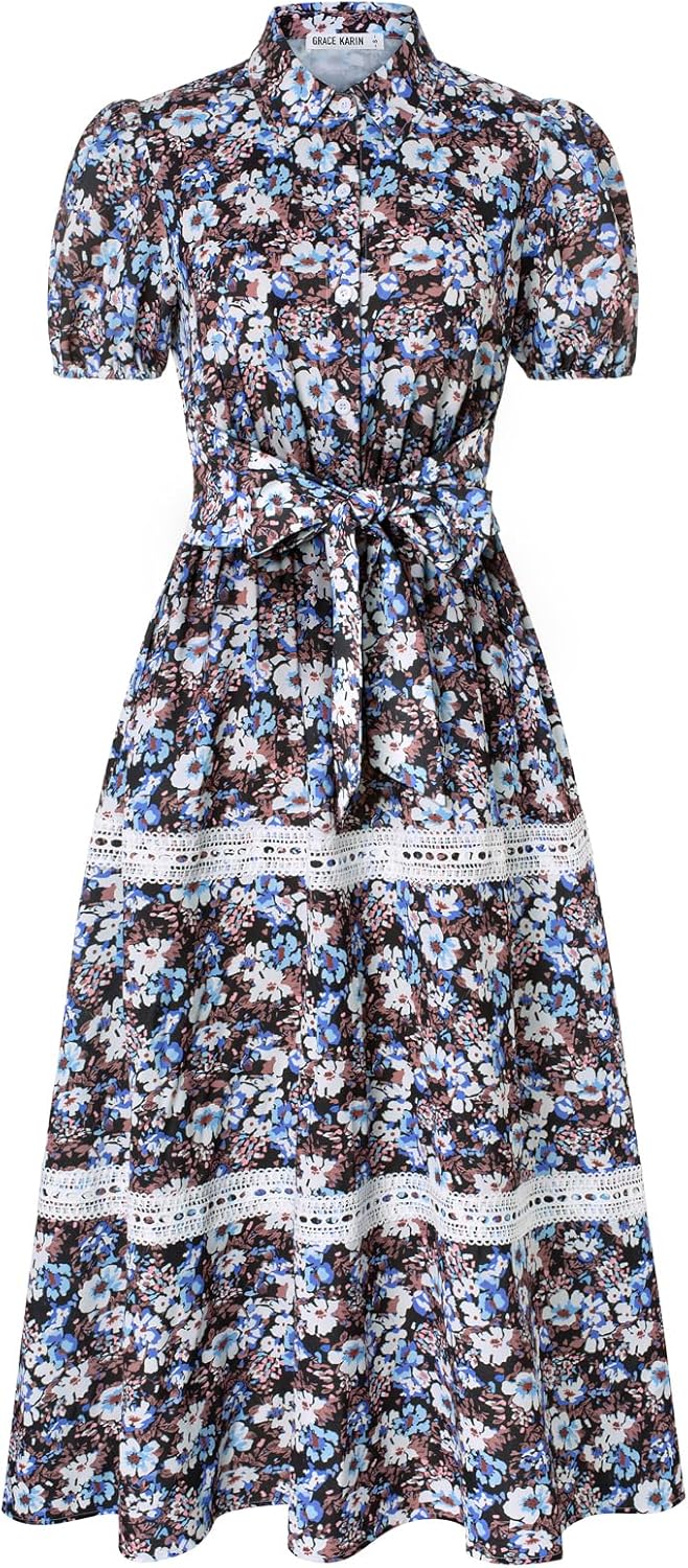 GRACE KARIN Women's 2026 Summer Floral Flowy Dresses Boho Tie Belt Short Puff Sleeve A Line Maxi Shirt Dress with Pocket