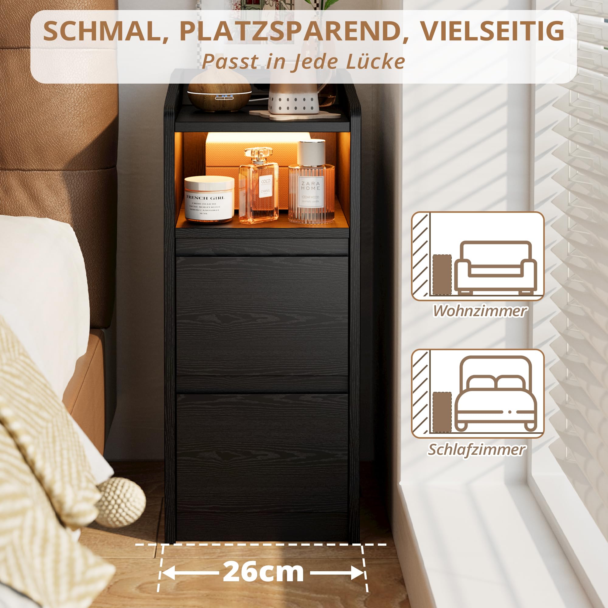 IRONCK Nachttisch Schmal, Beistelltisch mit Ladestation und LED, Bedside Table mit Offenem Fach, für Schmale Räume Schlafzimmer, Wohnzimmer, Schwarz