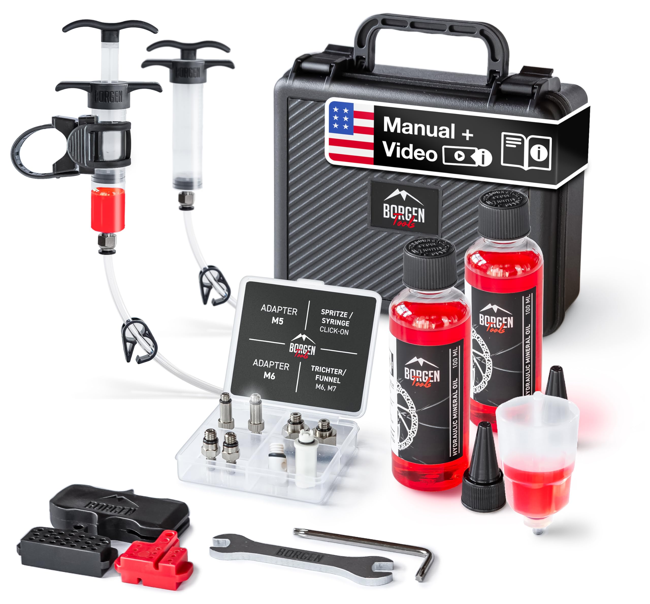 Borgen Brake Bleed Kit PRO for Shimano, Tektro & TRP Hydraulic Disc Brakes – Bike Bleed Kit with Video Guide- Incl. 2x Mineral Oil Brake fluid – Bike Tool Kit for Brake Bleeding-image-27