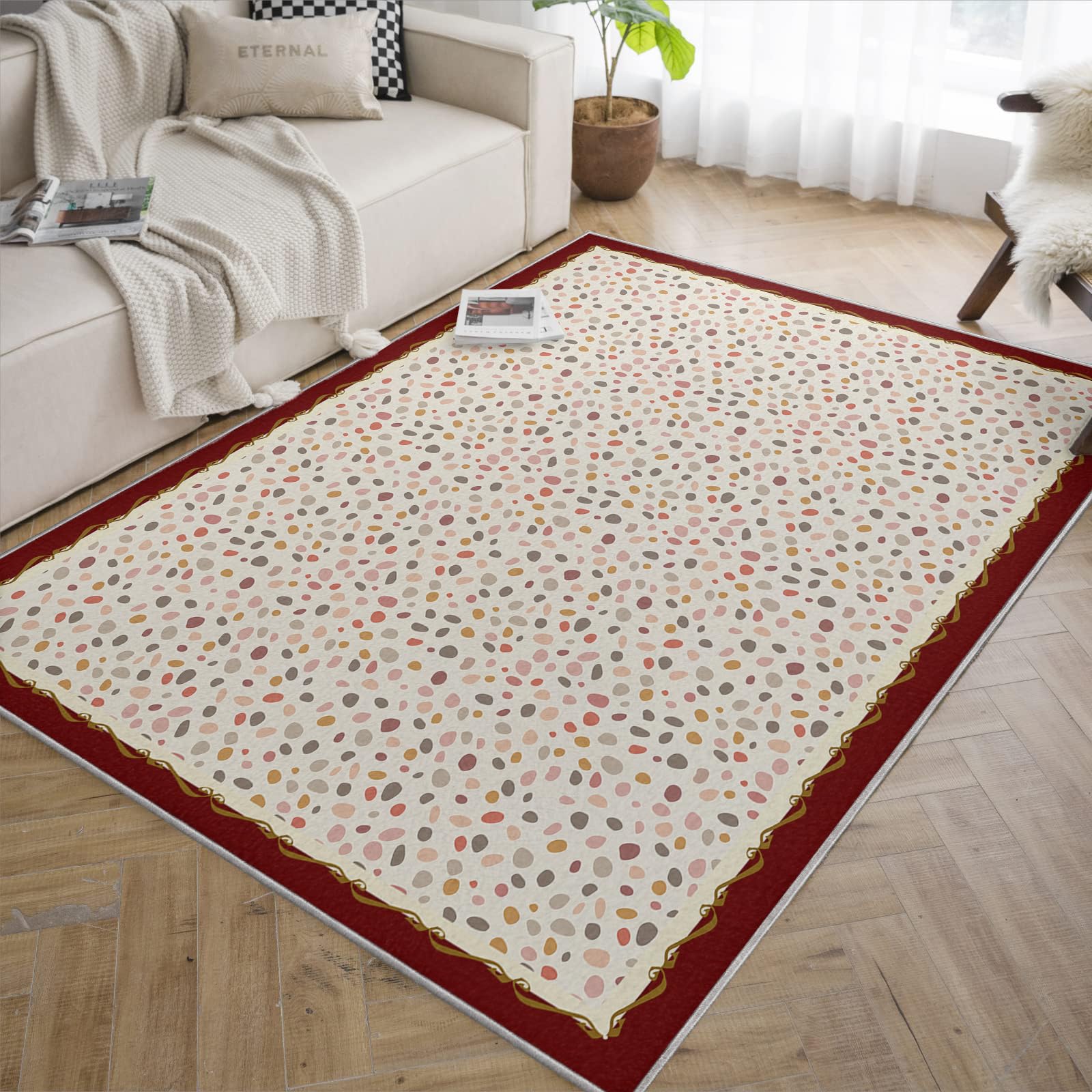 Kolorowy dywan w kropki 160 x 200 cm Boho można prać w pralce salon Cienki i uroczy mały dywanik do czytania