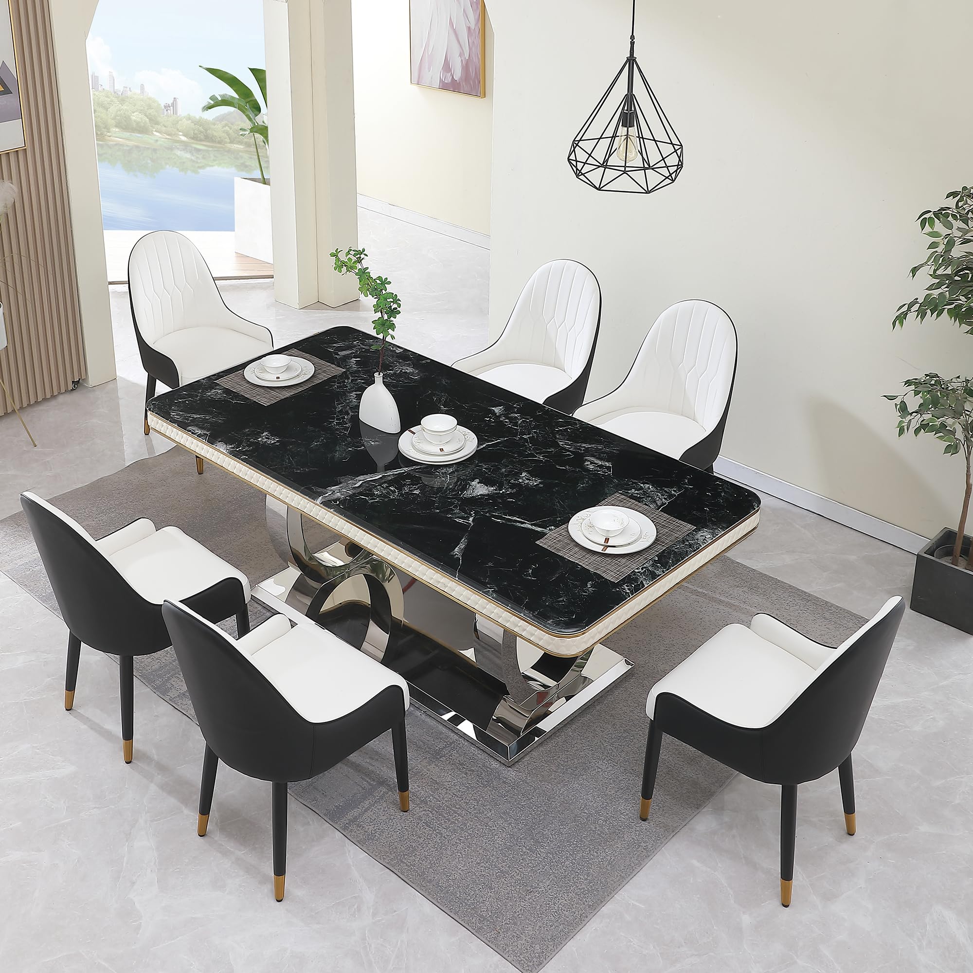Marble Dining Table Set for 6, 79" Modern Kitchen Table with Double-Circle Shaped Stainless Steel Base, Luxury Black Dining Set with 6 Black-White Dining Chairs for Home, Kitchen
