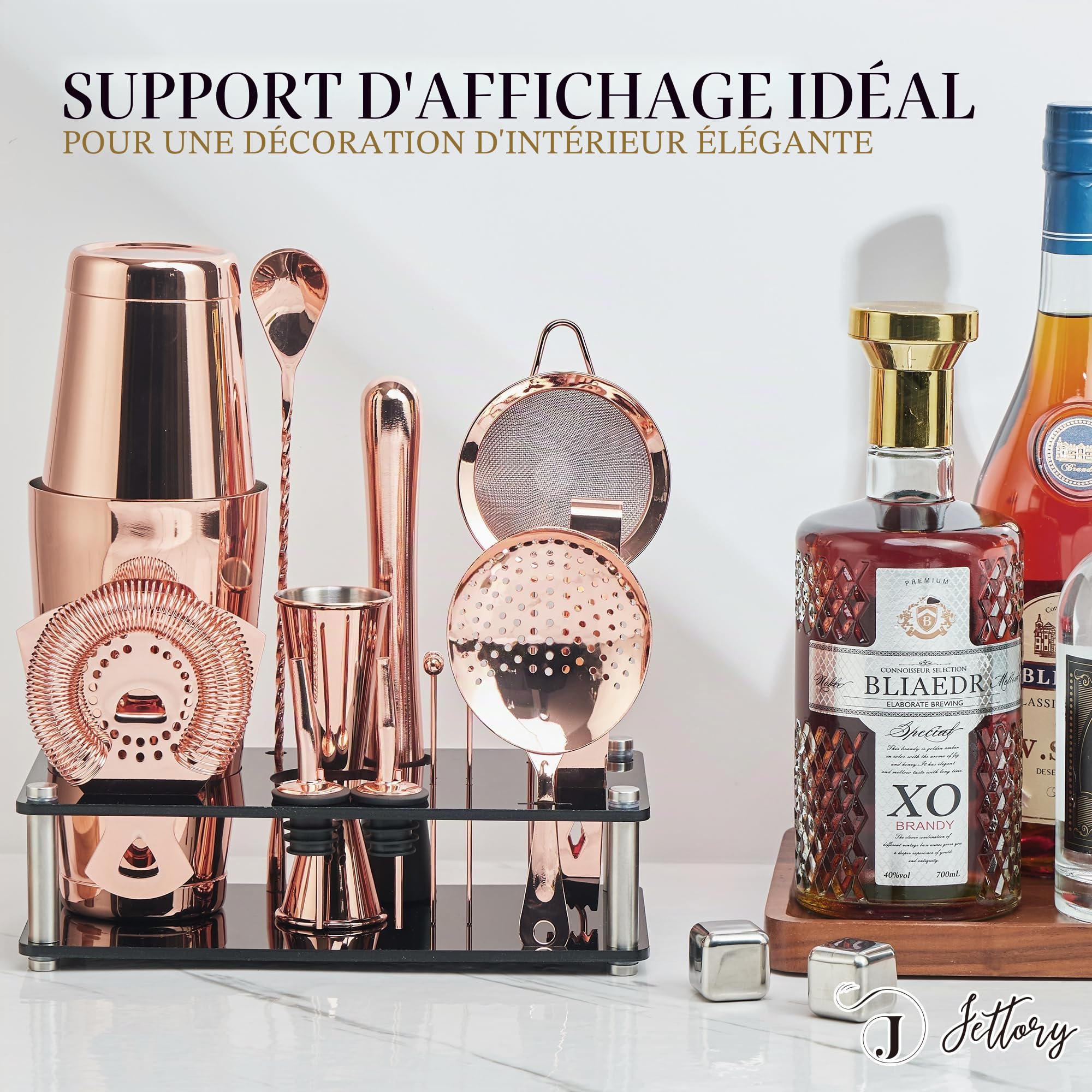 Set Shaker Boston 16 Pièces - Kit Barman en Acier Inoxydable 304 avec Support Acrylique, Passoire, Cuillère, Jigger, Pilon, Pince à Glace, Verseurs et Picks à Cocktail (Or Rose)