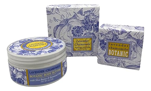 Greenwich Bay Juego de regalo de belleza de 3 piezas de manzanilla de lavanda mantequilla corporal, jabón de spa y polvo de polvo