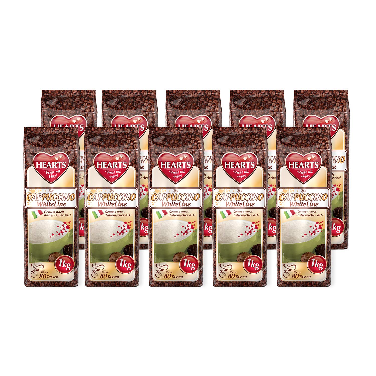 HEARTS Cappuccino White 10 x 1 kg - Genuss nach italienischer Art, ca. 80 Portionen pro Beutel, praktische Familienpackung, intensives Aroma, milchig und cremig
