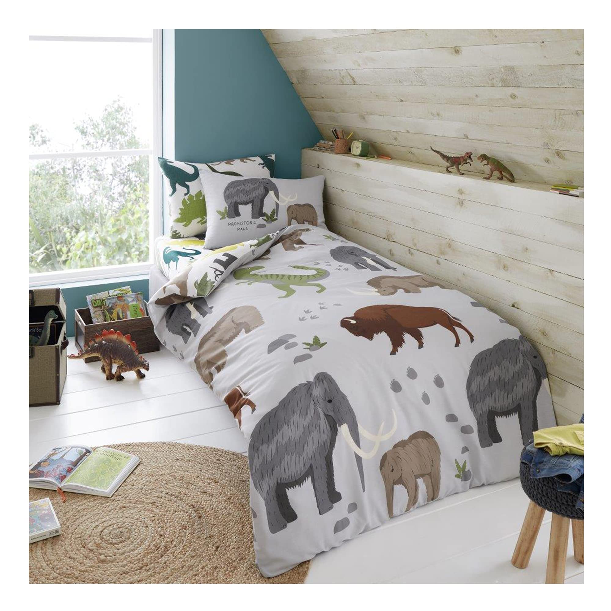 Lions Boys Wolly Mammoth Dinosaur Bedding Bed Duvet Cover Set With Pillowcase, Reversible Quilt Covers (, Single)