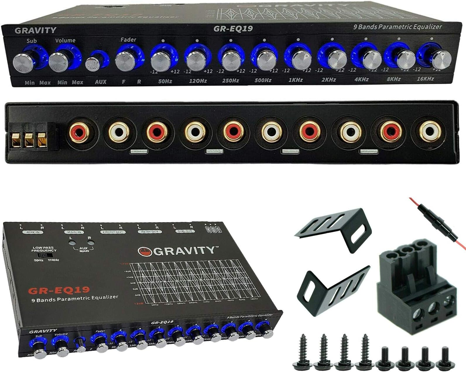 EQ19 1/2 Din 9 Equalization Bands Band Car Audio Equalizer EQ Front, Rear + Sub Output 9V with Three Stereo RCA Output/Built-in Input AUX/DVD Select Switch