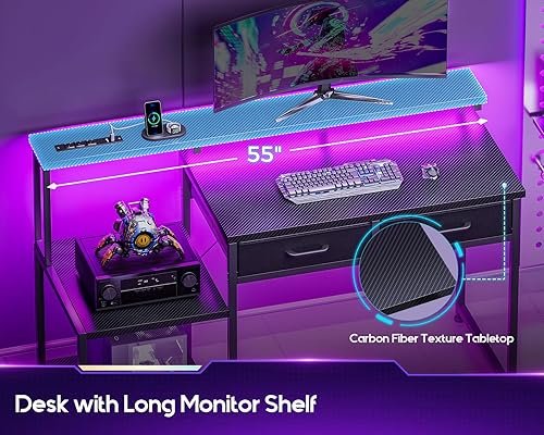 Miniatura 8 de ODK - Escritorio para juegos con luces LED y toma de corriente, escritorio de 55 pulgadas con cajones, escritorio de oficina con estantes de