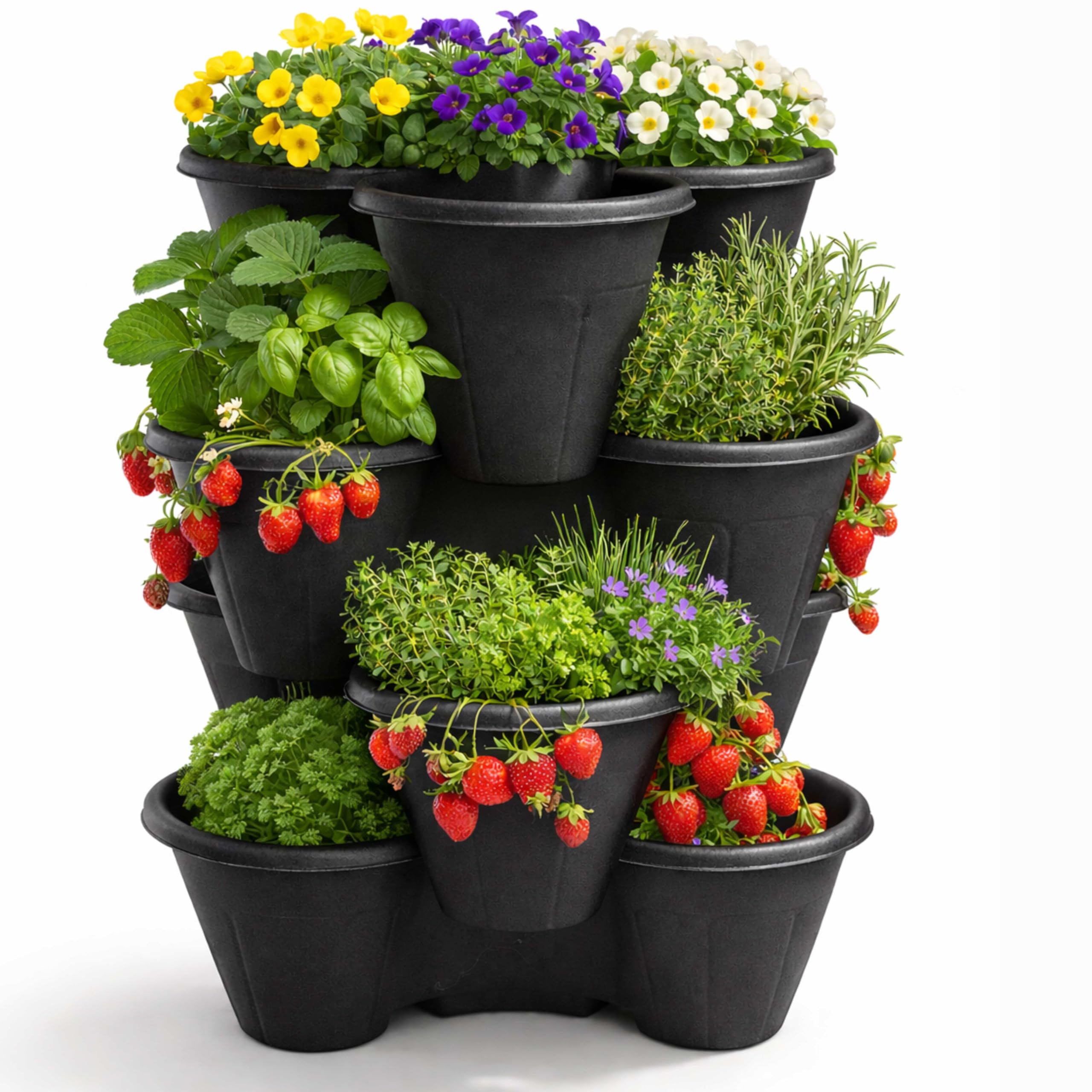 ALAYSTAR Pack of 4 Stackable Strawberry Planter Pots Vertical Garden Trio Planters Terracotta Durable Plastic Herb Flower Containers Indoor Outdoor Balcony Patio Space Saving Plant Pots (BLACK)