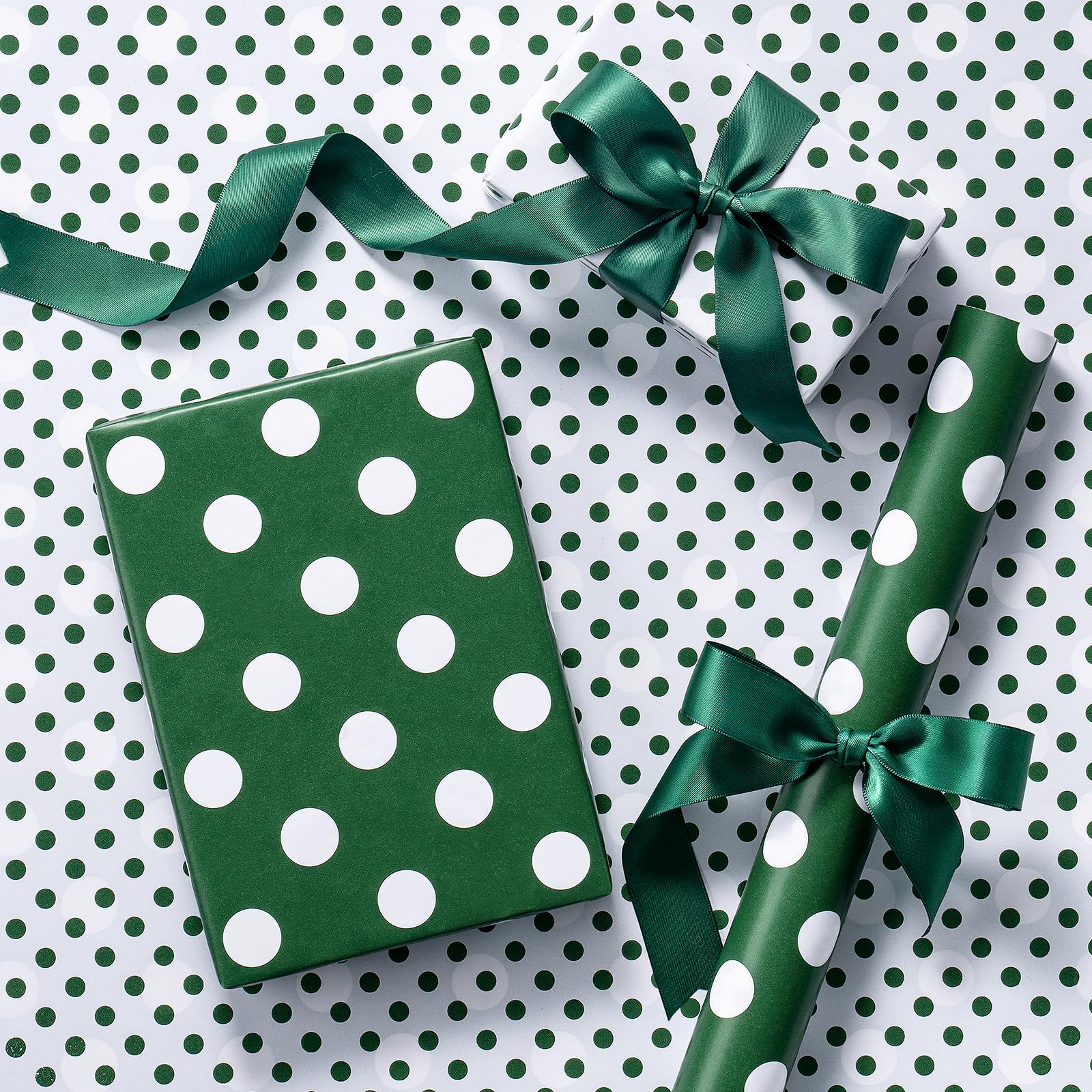 RUSPEPA Mini Reversible Green White Polka Dot Wrapping Paper Large Small Dots Modern Minimalist For Birthdays Baby Showers Weddings Holidays Parties 43.2cm x 5m