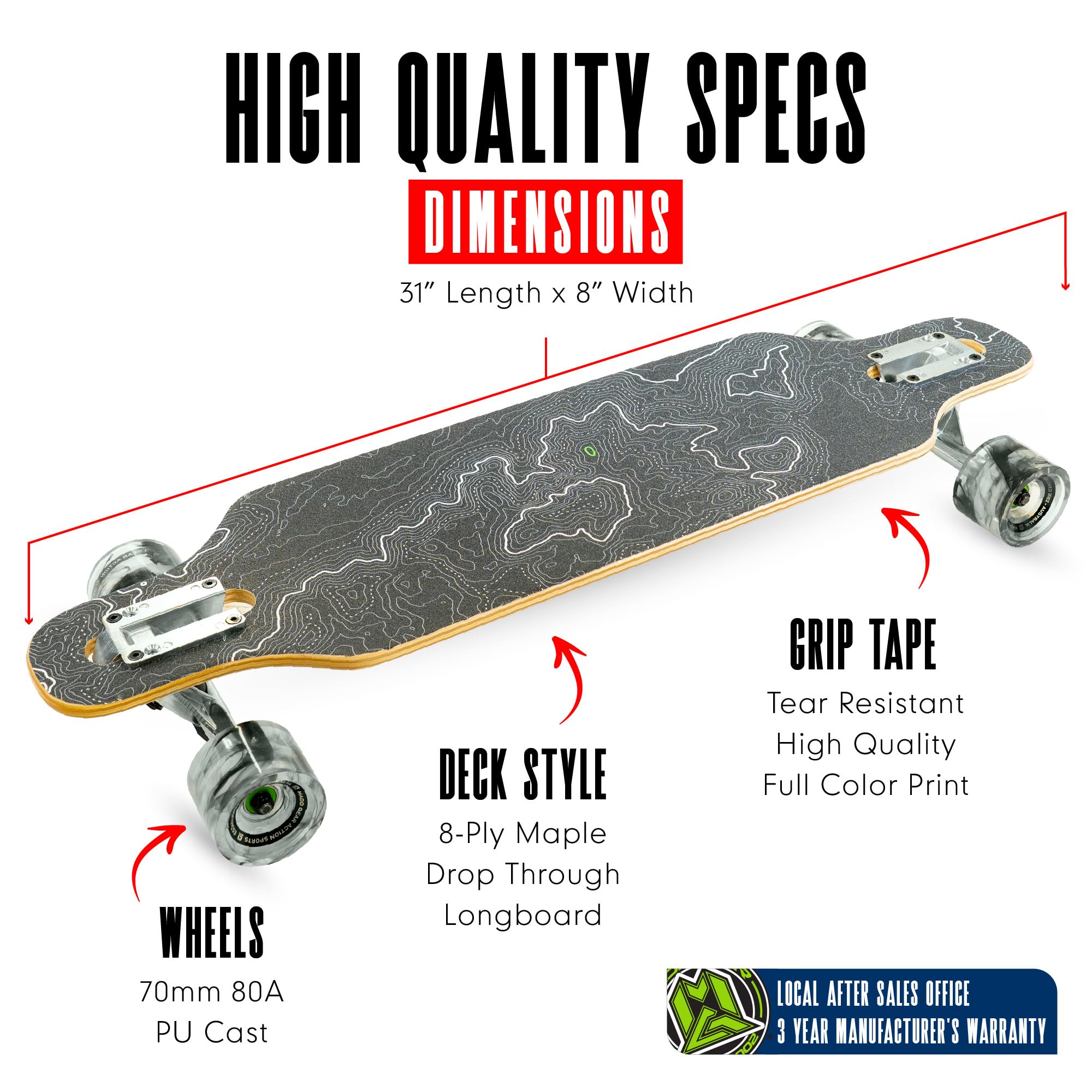 Skateboard Cruiser per adulti e ragazzi, tavola leggera in acero da 78,7 cm, ruote lisce da 70 mm, longboard Madd Gear