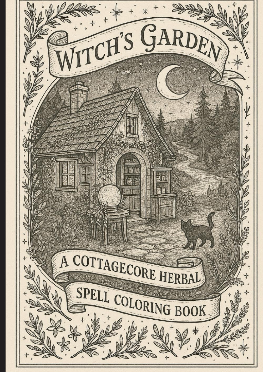 "Witch's Garden: A Cottagecore Herbal Spell Coloring Book": Relax and reconnect with nature through magical herbs, moonlit spells, and enchanted garden scenes.