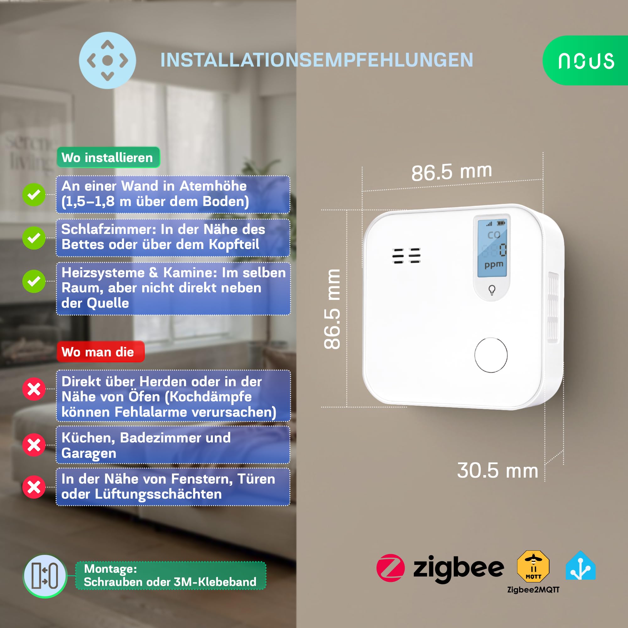 NOUS E12 ZigBee Kohlenmonoxidmelder mit LCD-Anzeige, 85 dB Alarm, App-Benachrichtigung, 10 Jahre Sensordauer, kompatibel mit Alexa & Google Home