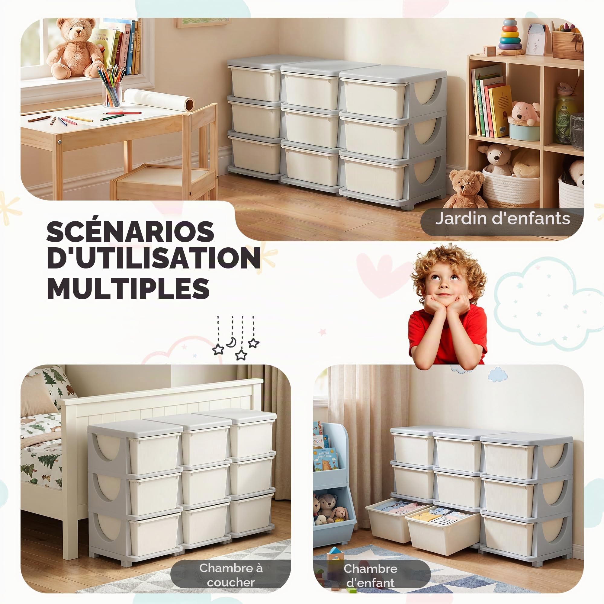HOMCOM Meuble de rangement en plastique à 9 tiroirs, meuble de rangement pour enfants à 3 niveaux, coffre à jouets pour enfants pour la chambre d'enfants, la salle de jeu, la chambre à coucher, crème