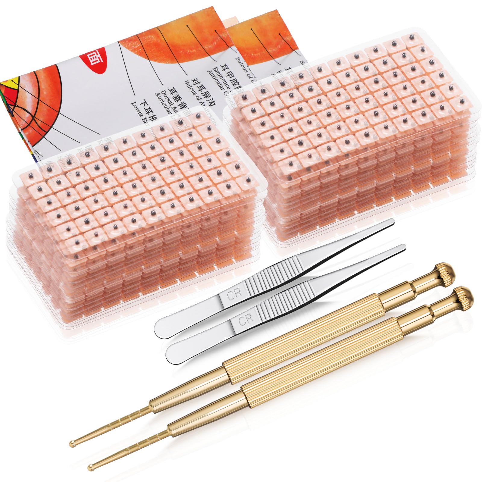 Honoson 1 Set 1200 Pcs Acupressure Ear Beads Ear Counts Acupuncture Acupressure Tools Disposable with Acupuncture Point Chart Probe and Tweezers